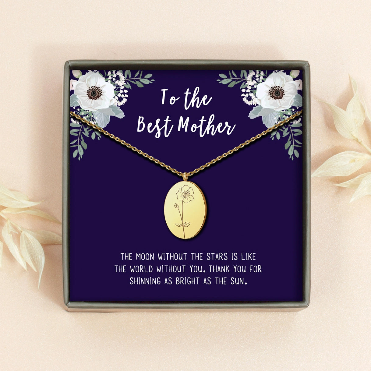 "To the Best Mother" Oval Birth Flower Necklace