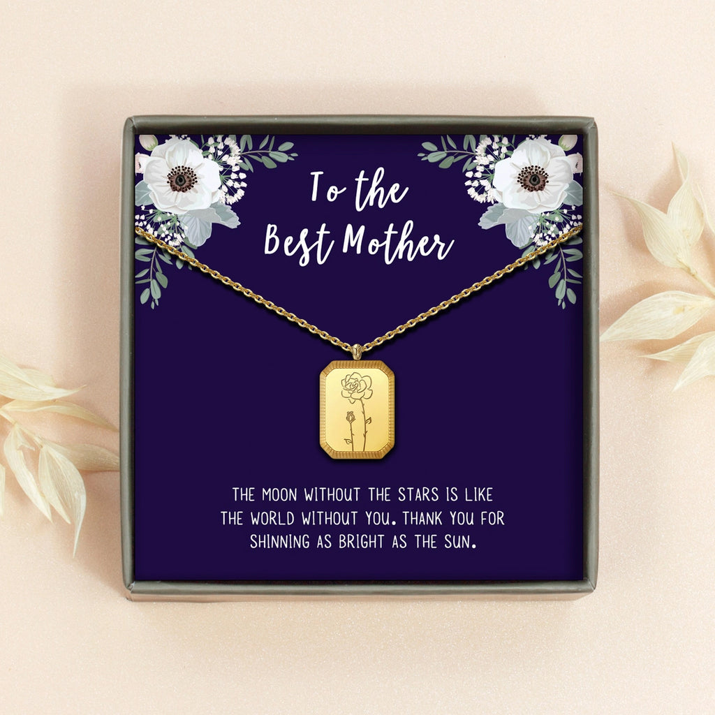"To the Best Mother" Rectangle Birth Flower Necklace