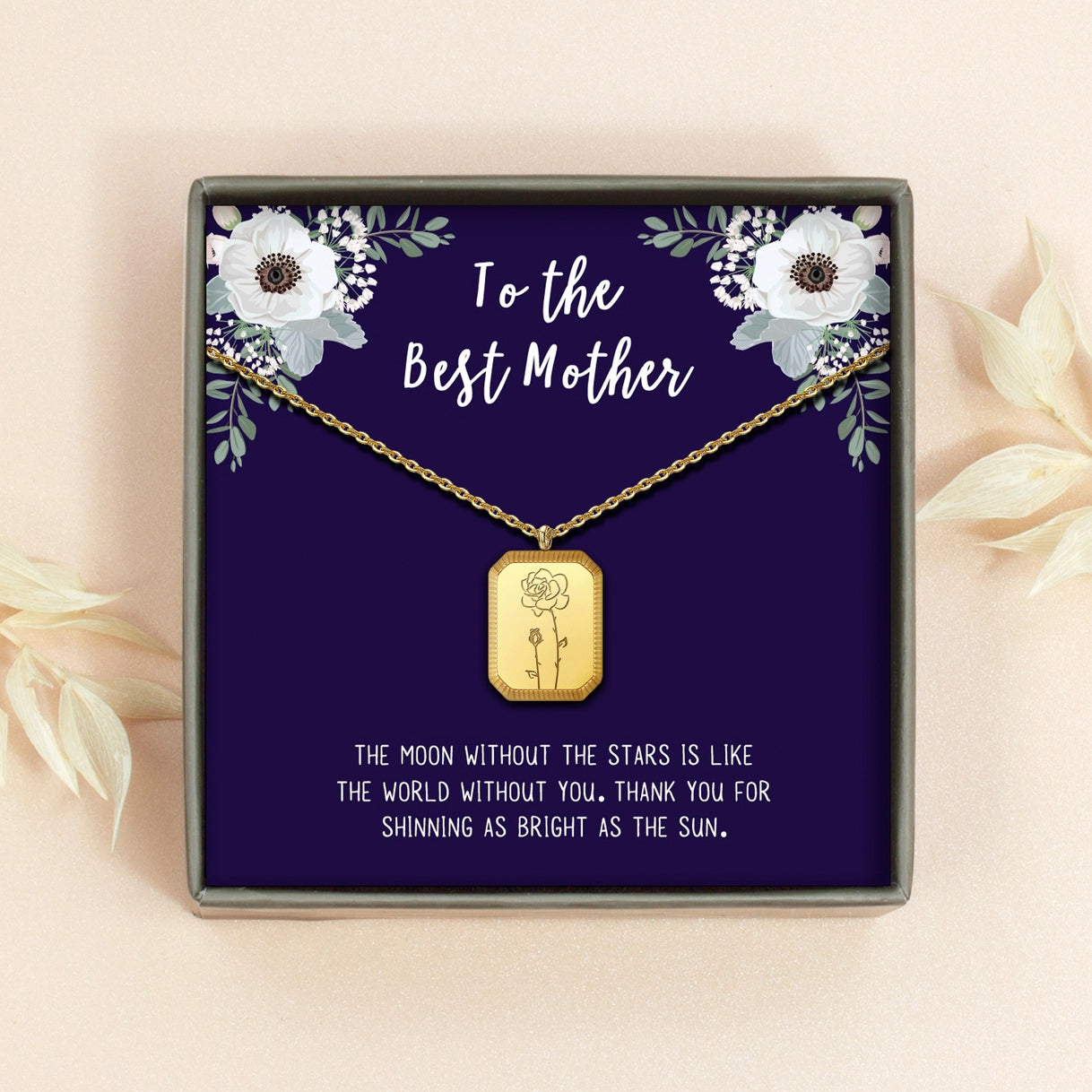 "To the Best Mother" Rectangle Birth Flower Necklace