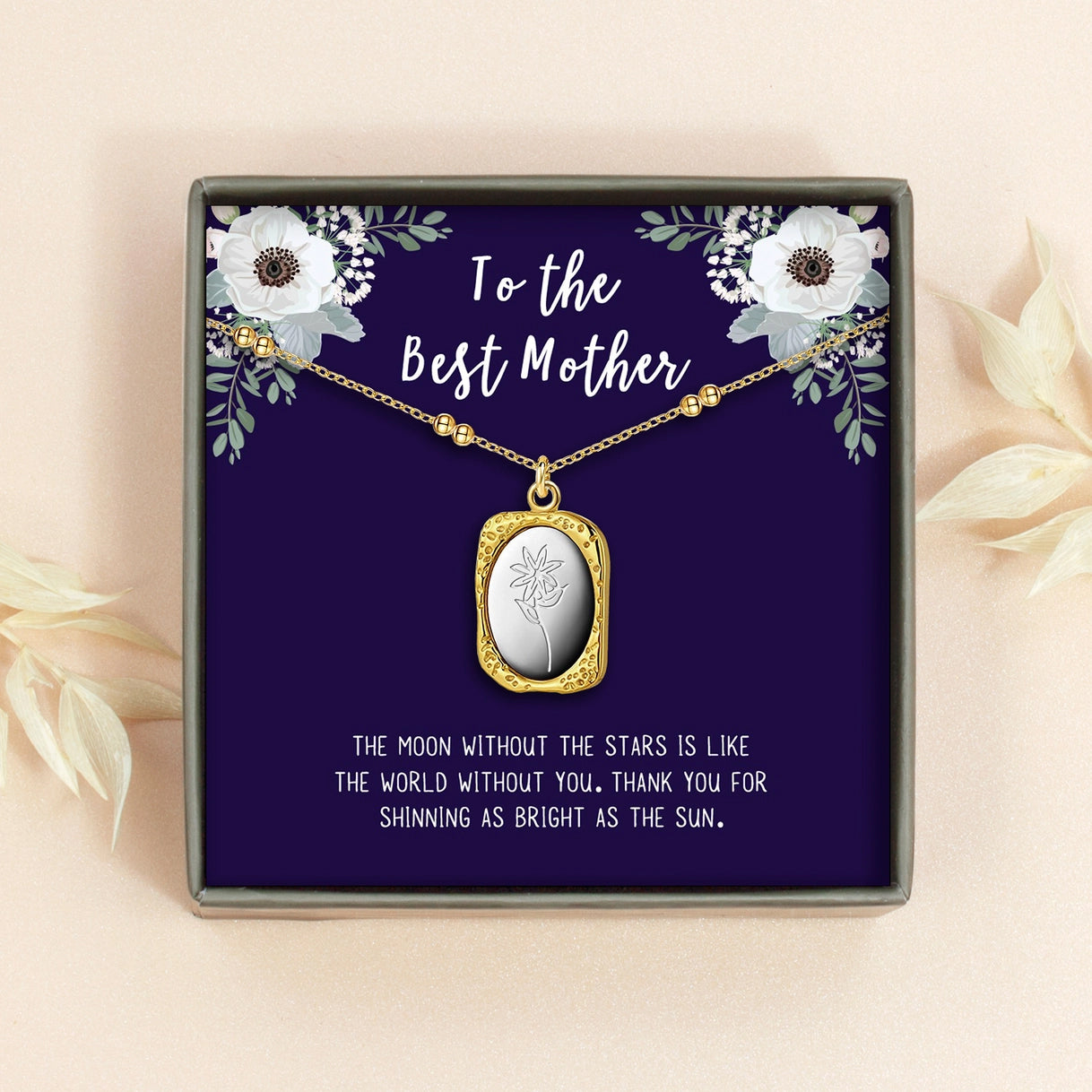 "To the Best Mother" Vintage Mirror Birth Flower Necklace