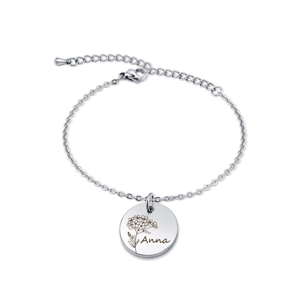 Custom Birth Flower and Name Charm Stainless Steel Bracelet