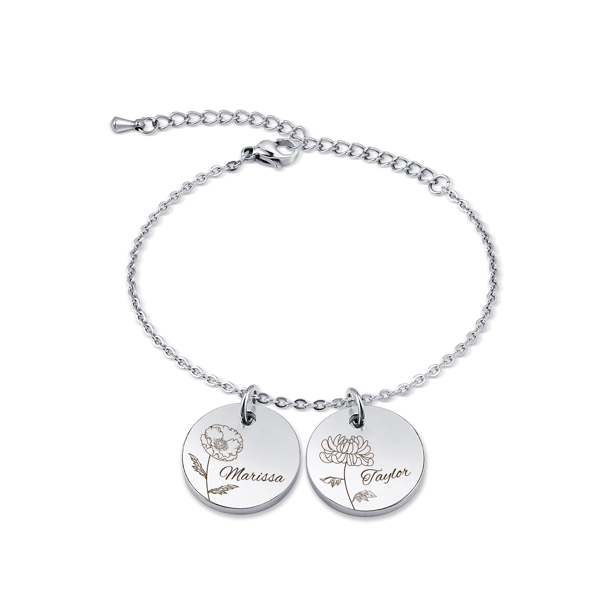 Custom Birth Flower and Name Charm Stainless Steel Bracelet
