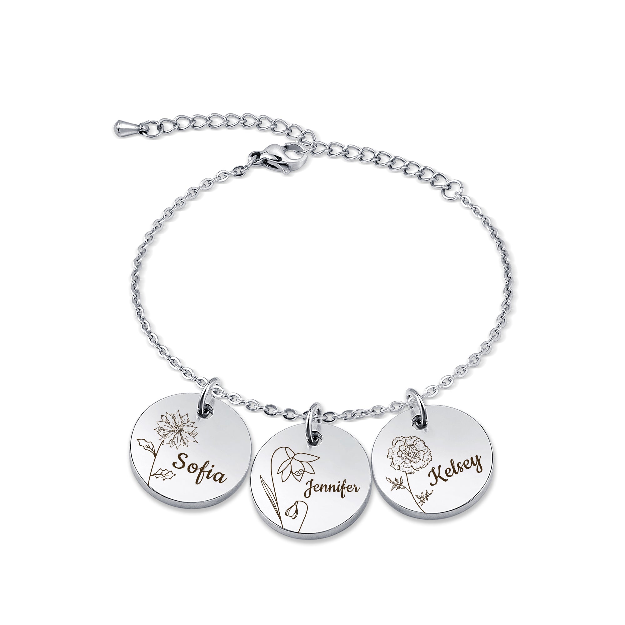 Custom Birth Flower and Name Charm Stainless Steel Bracelet