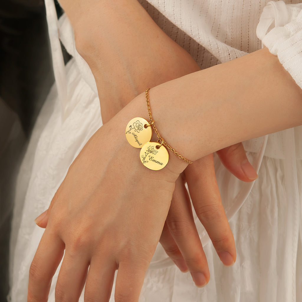 Custom Birth Flower and Name Charm Stainless Steel Bracelet