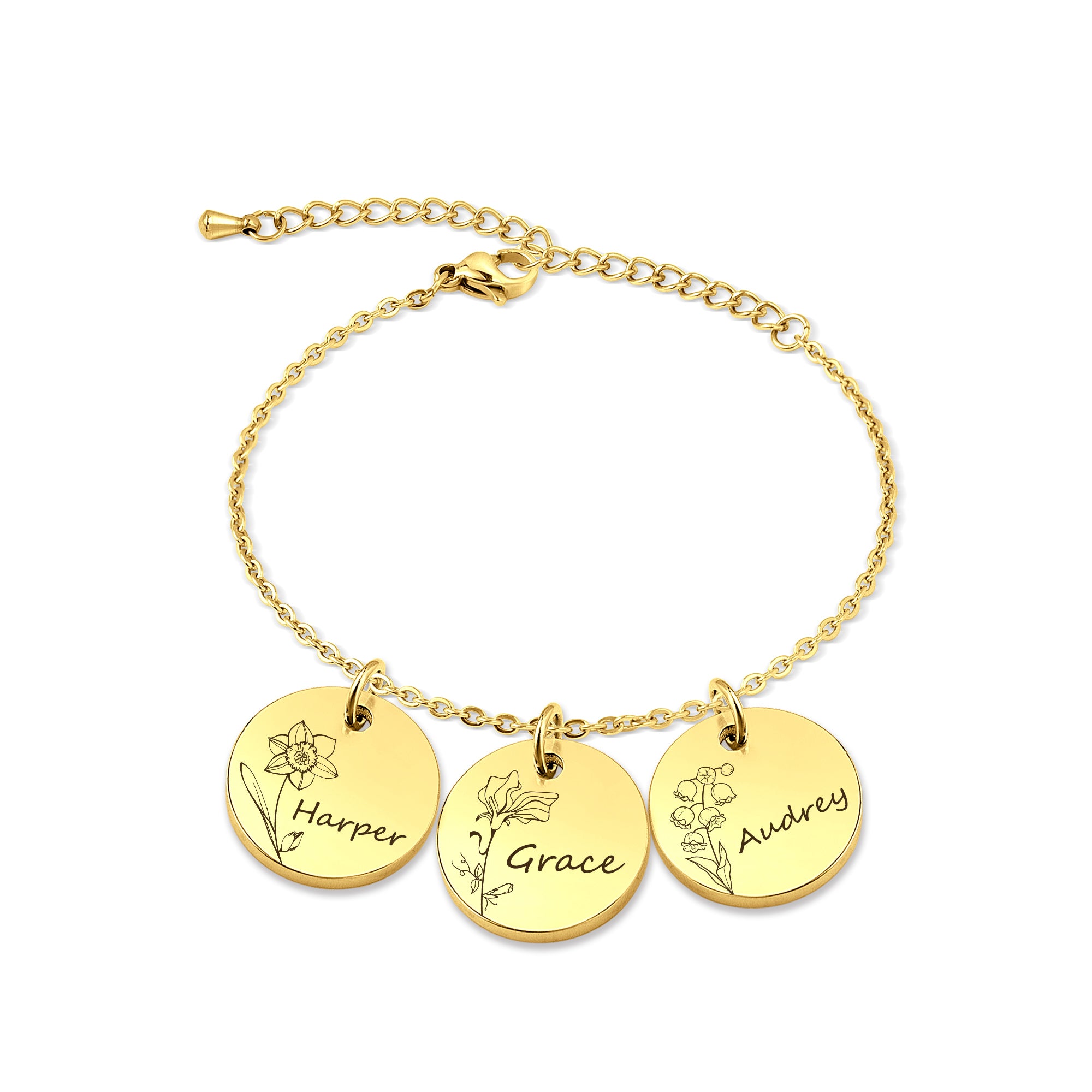Custom Birth Flower and Name Charm Stainless Steel Bracelet
