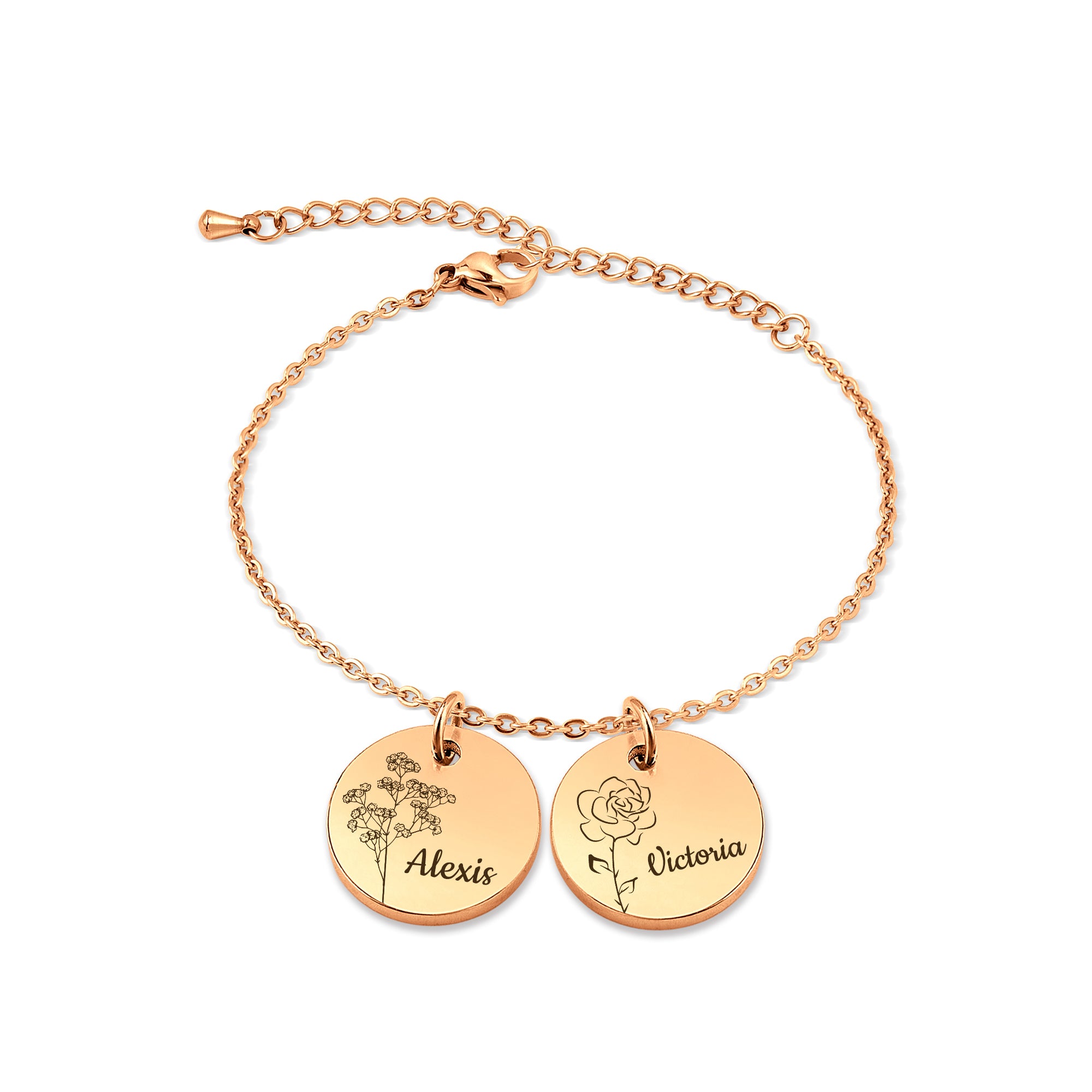 Custom Birth Flower and Name Charm Stainless Steel Bracelet
