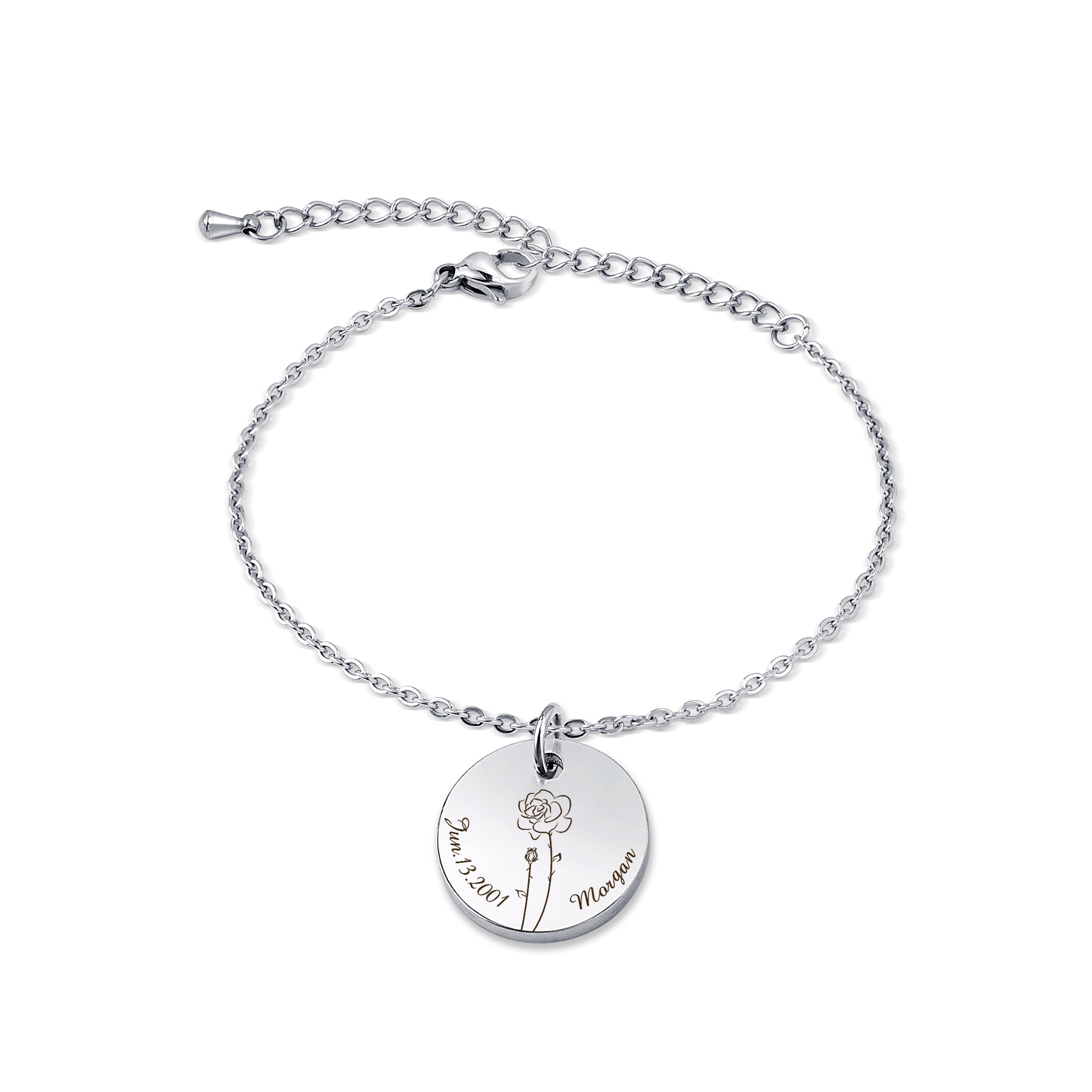 Custom Birth Flower, Name, and Date Charm Stainless Steel Bracelet
