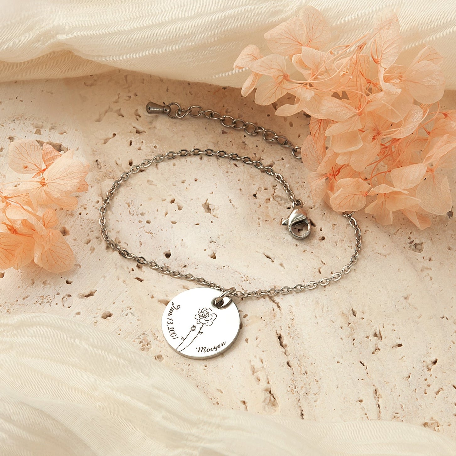 Custom Birth Flower, Name, and Date Charm Stainless Steel Bracelet