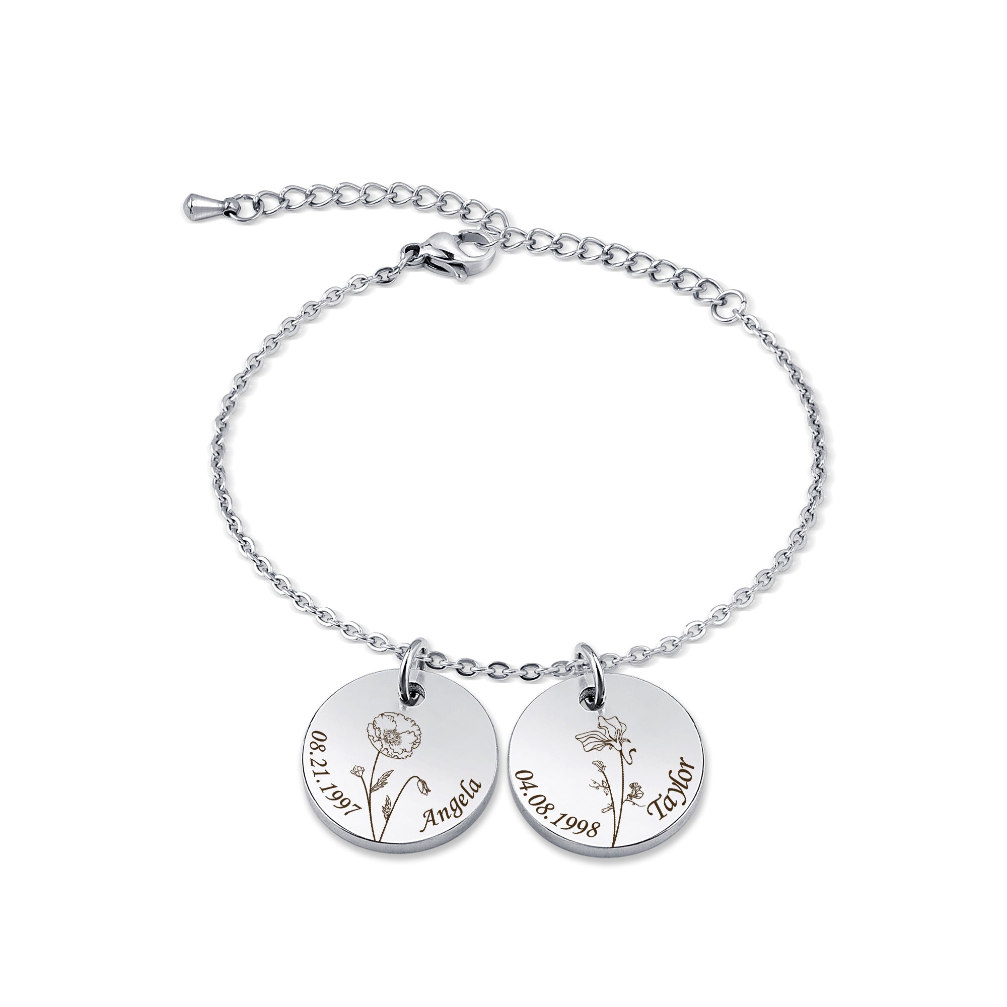 Custom Birth Flower, Name, and Date Charm Stainless Steel Bracelet