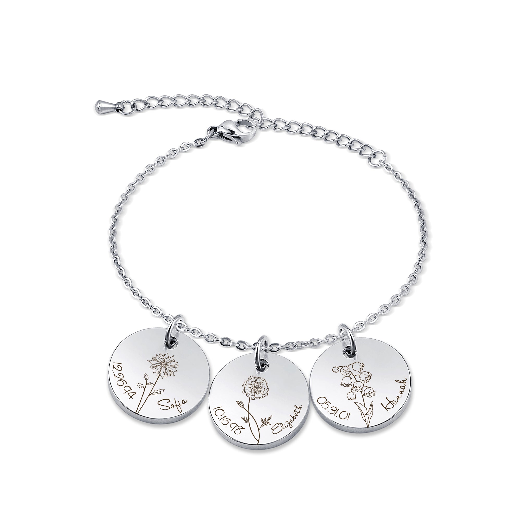 Custom Birth Flower, Name, and Date Charm Stainless Steel Bracelet