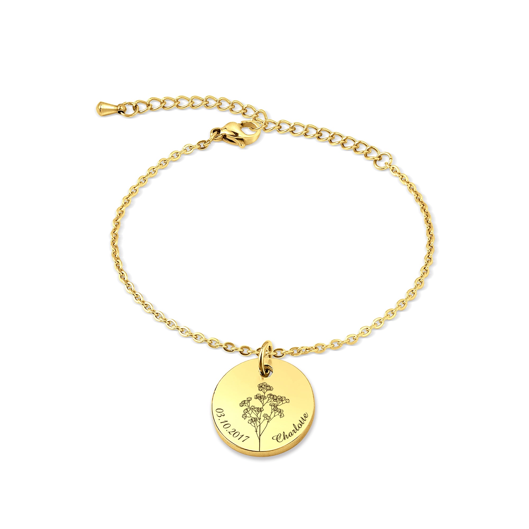 Custom Birth Flower, Name, and Date Charm Stainless Steel Bracelet