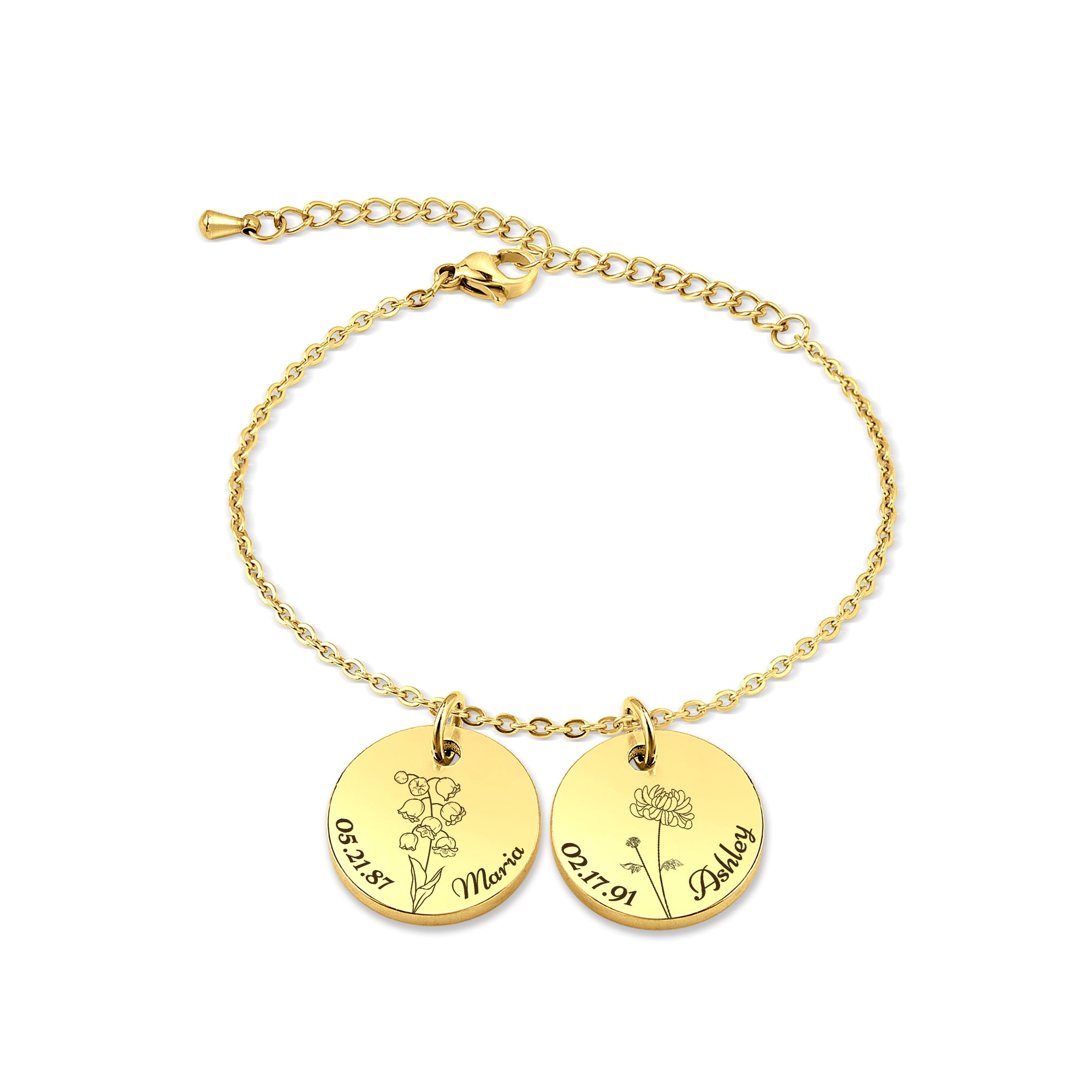 Custom Birth Flower, Name, and Date Charm Stainless Steel Bracelet