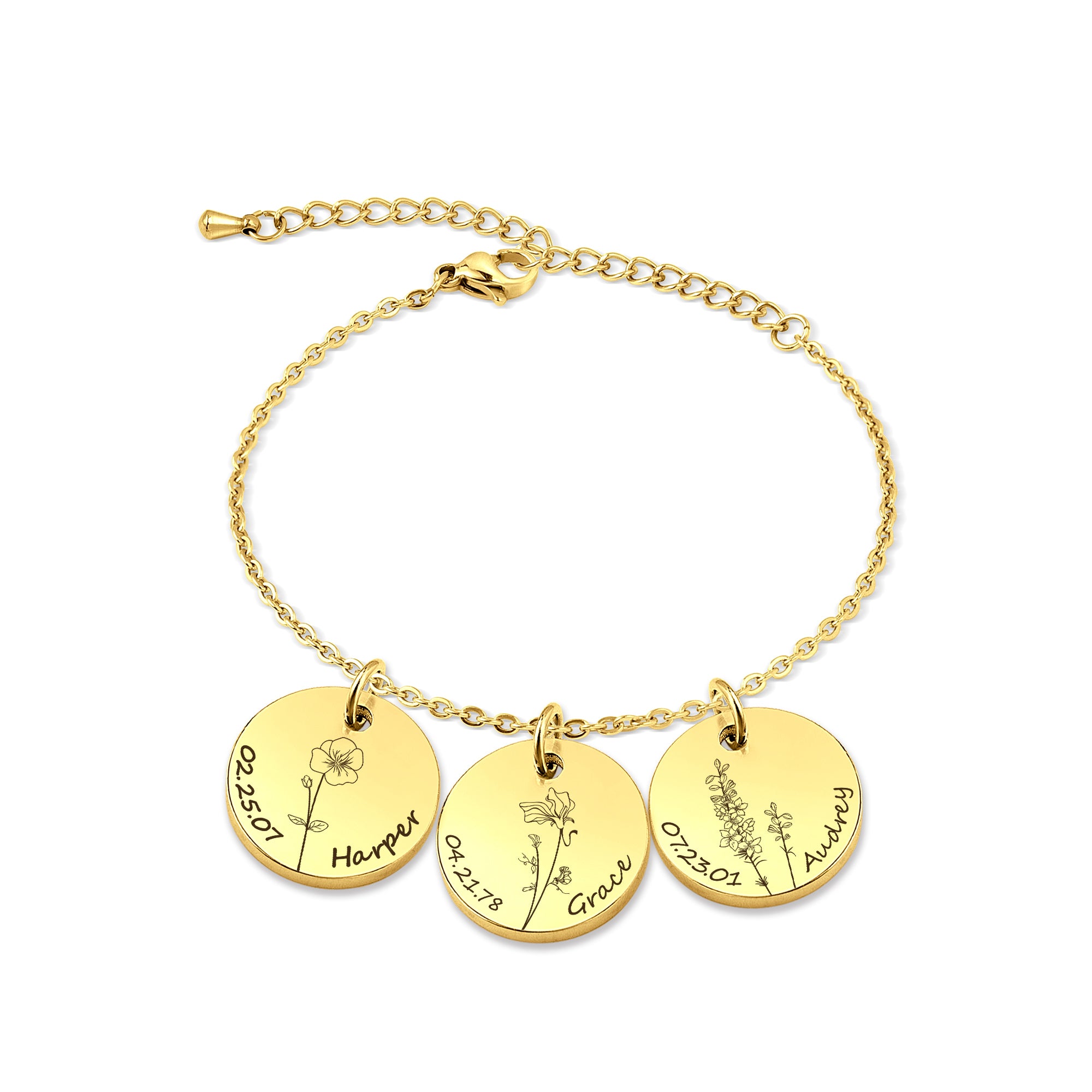 Custom Birth Flower, Name, and Date Charm Stainless Steel Bracelet