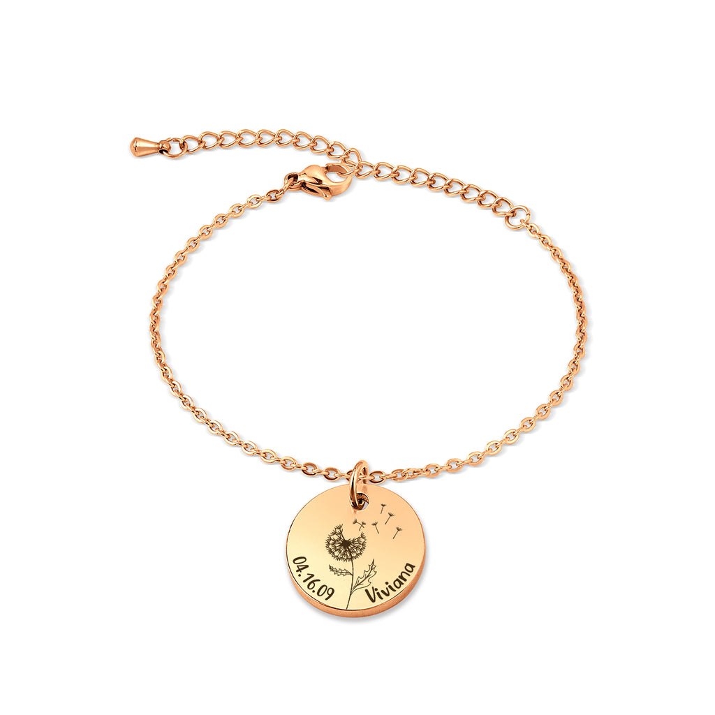 Custom Birth Flower, Name, and Date Charm Stainless Steel Bracelet