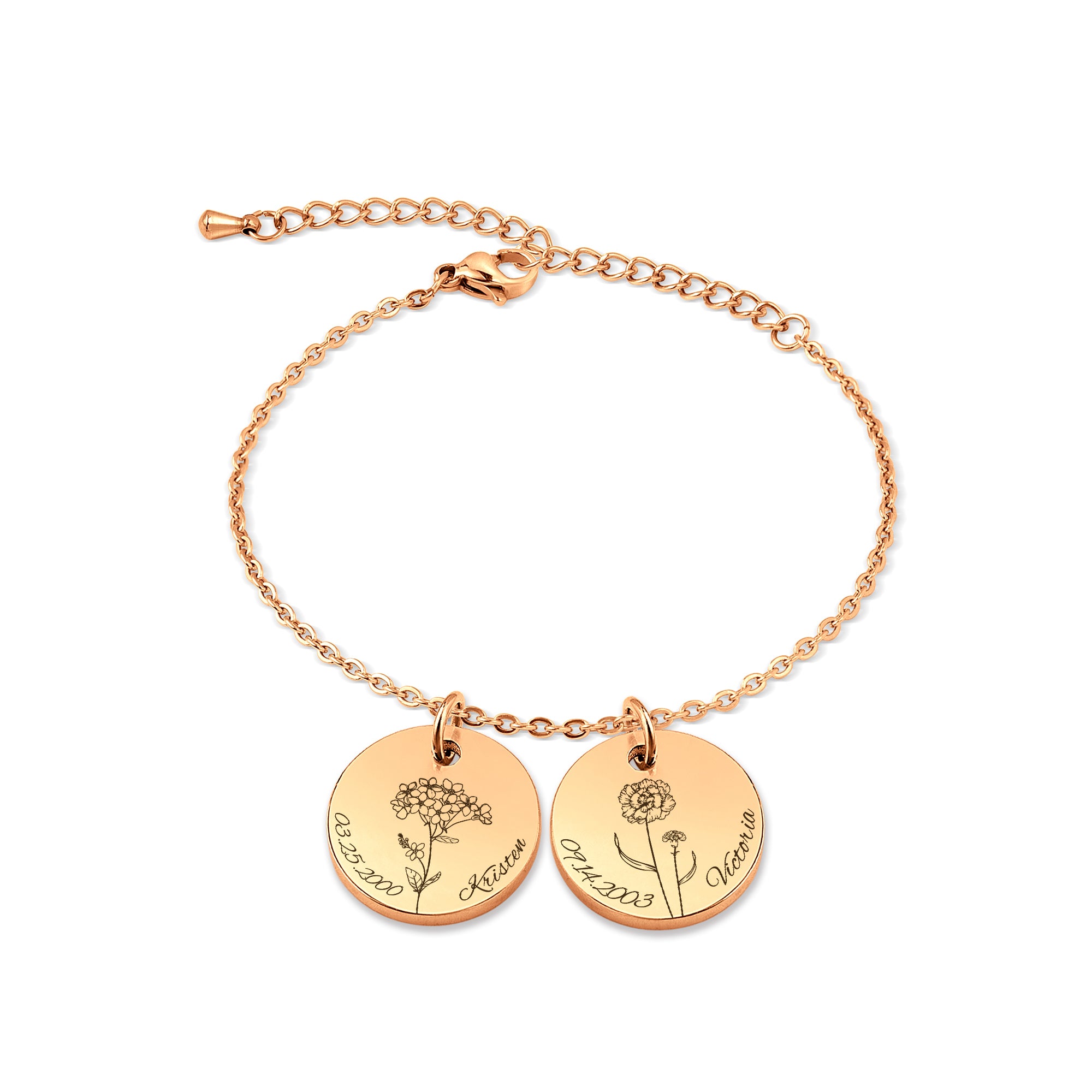 Custom Birth Flower, Name, and Date Charm Stainless Steel Bracelet