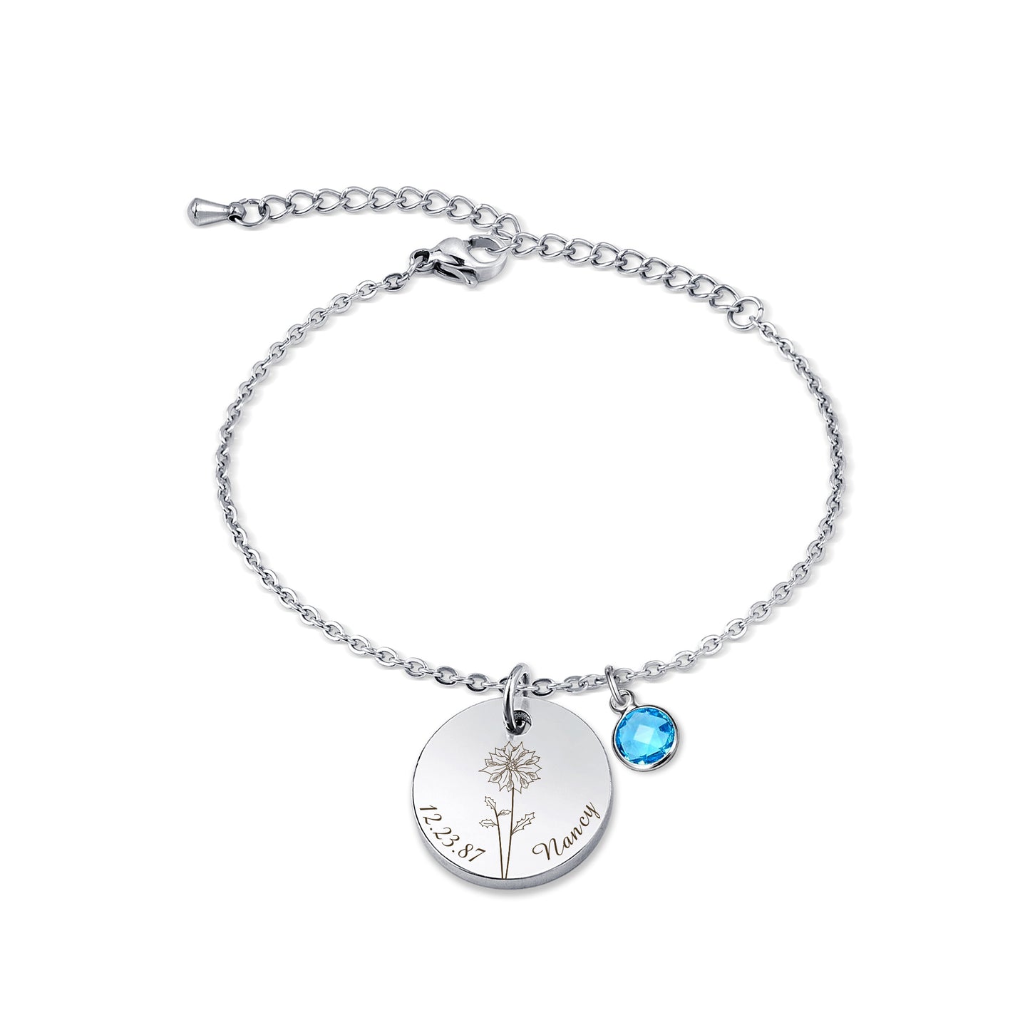 Birth Flower and Text Birthstone Charm Bracelet