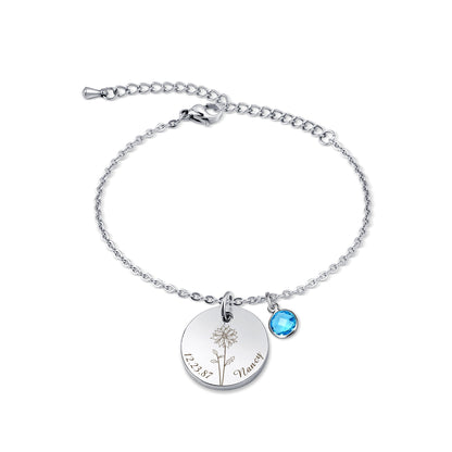 Birth Flower and Text Birthstone Charm Bracelet