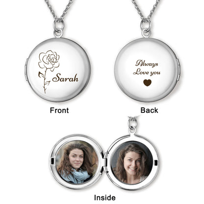 Custom Birth Flower and Name Photo Locket Necklace