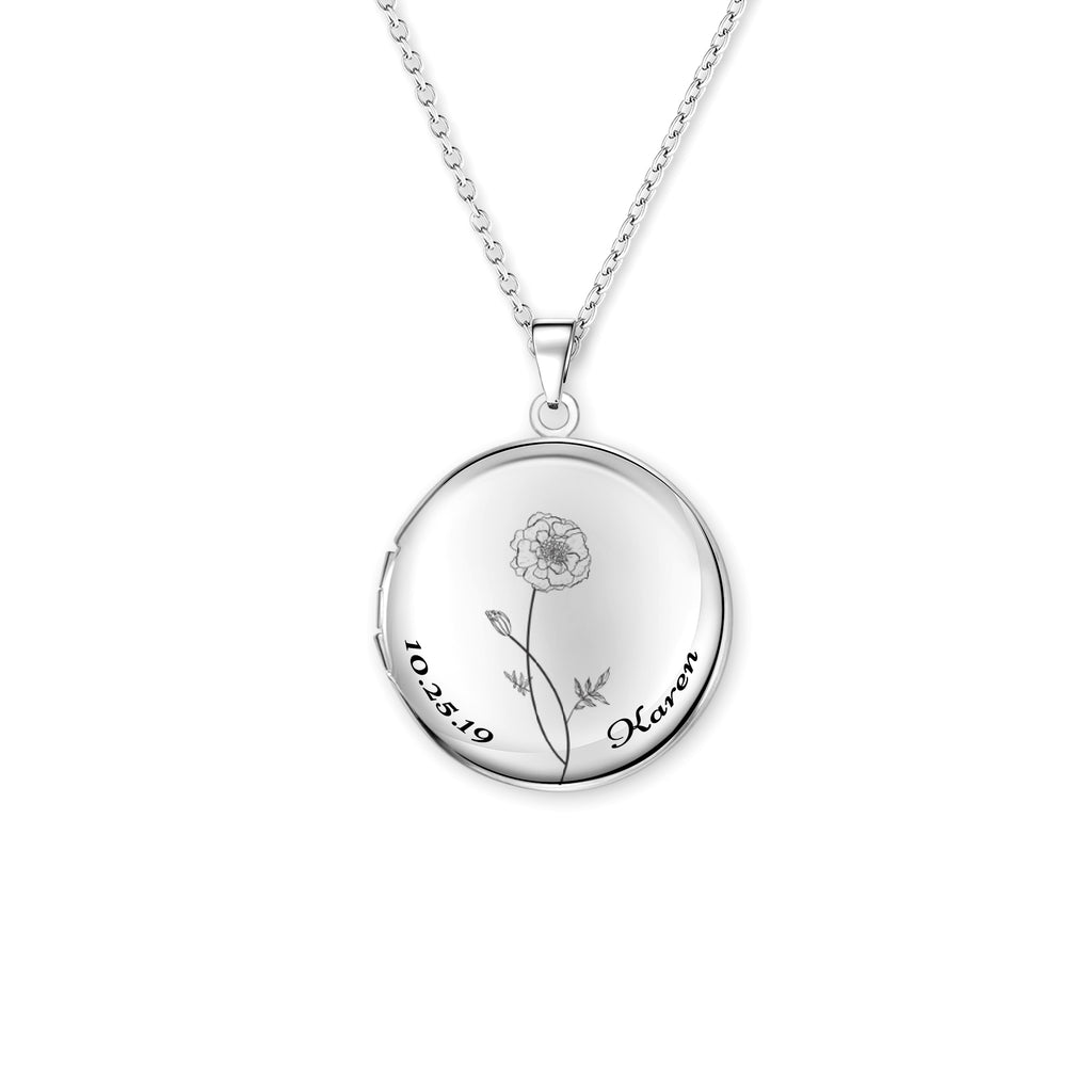 Custom Birth Flower Name and Date Photo Locket Necklace