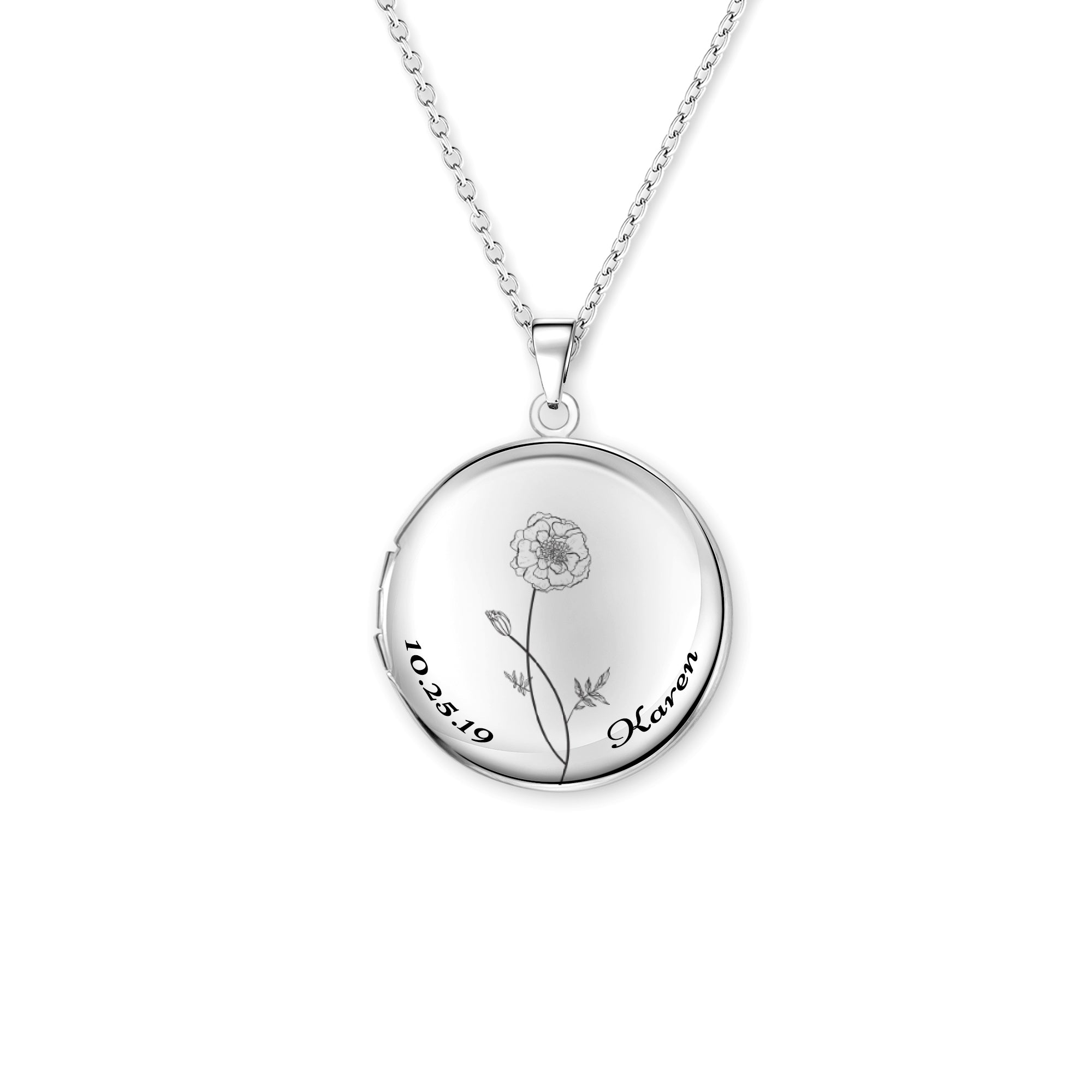 Custom Birth Flower Name and Date Photo Locket Necklace