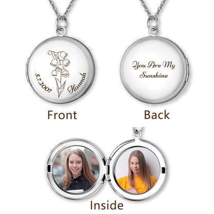 Custom Birth Flower Name and Date Photo Locket Necklace