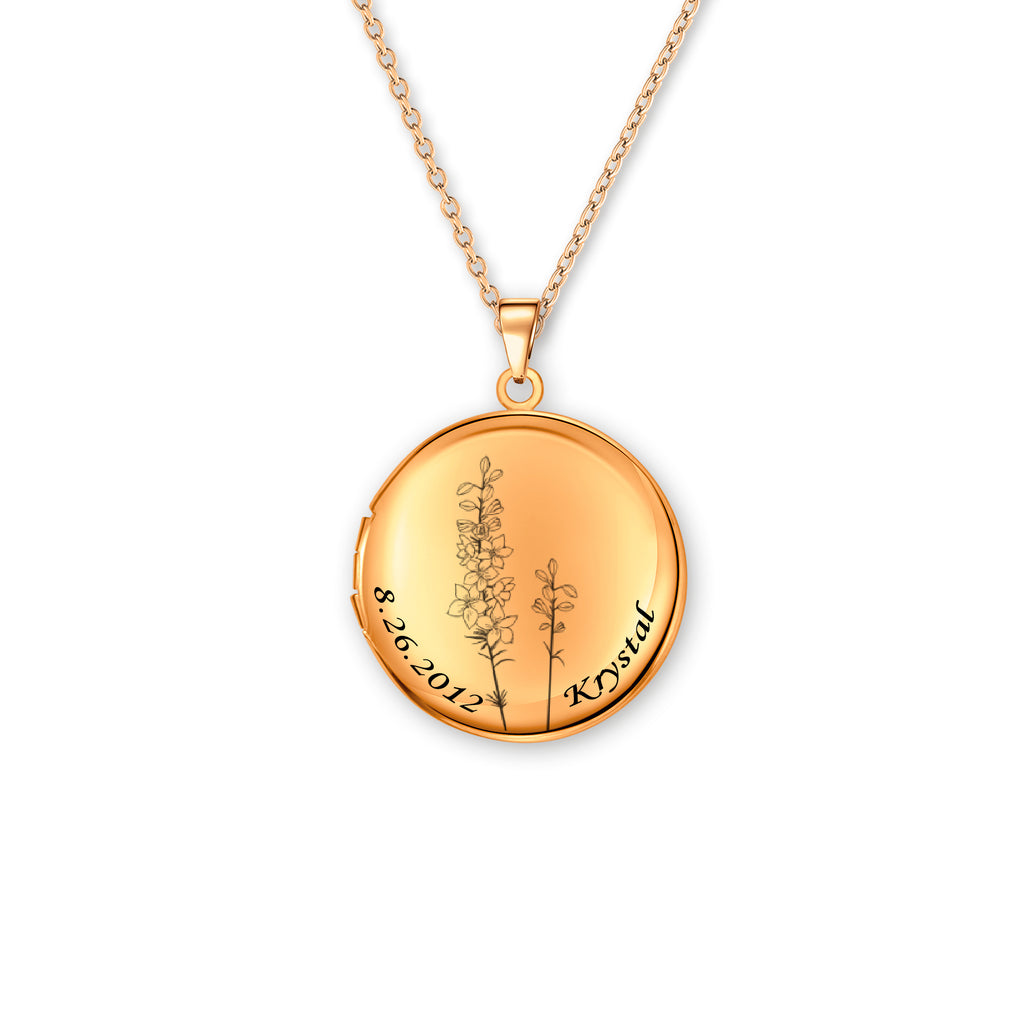 Birth Flower Memorial Photo Locket Necklace