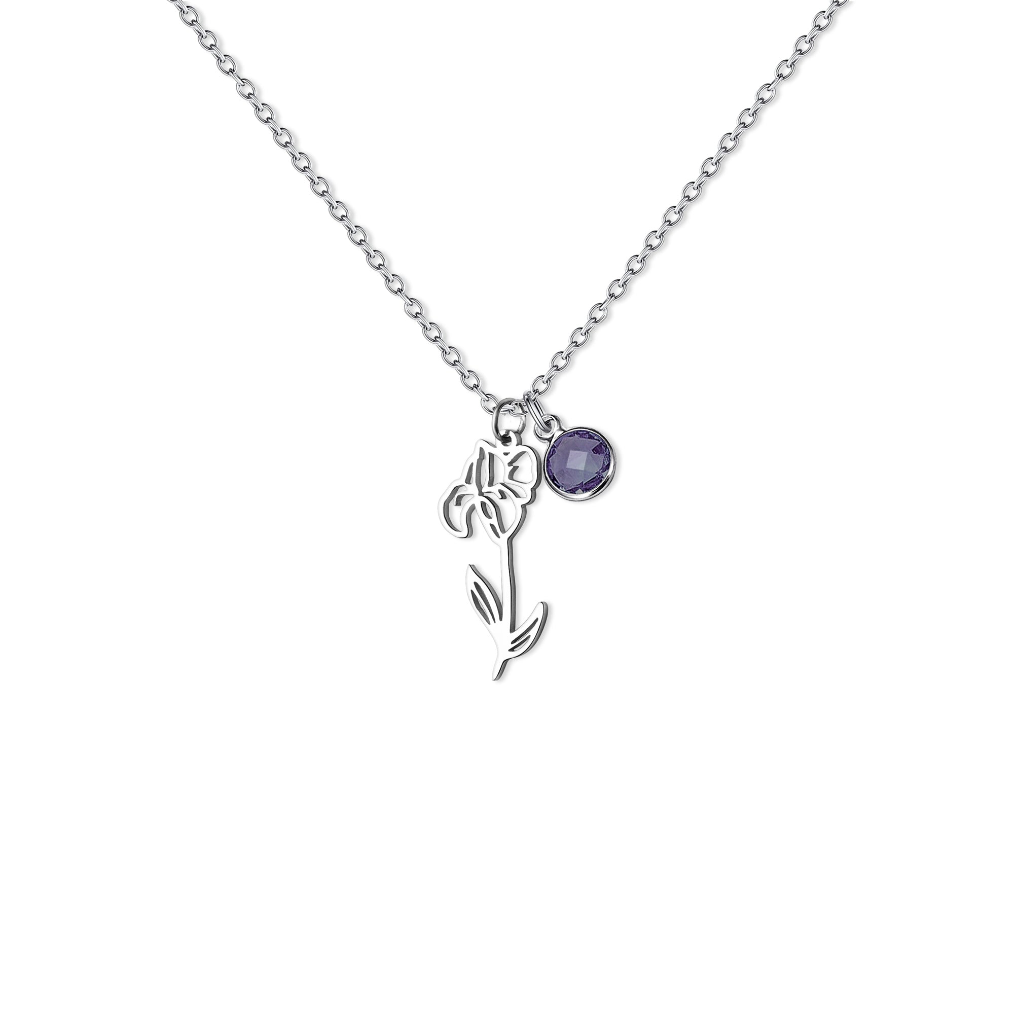 Stainless Steel Birth Flower and Birthstone Charm Necklace