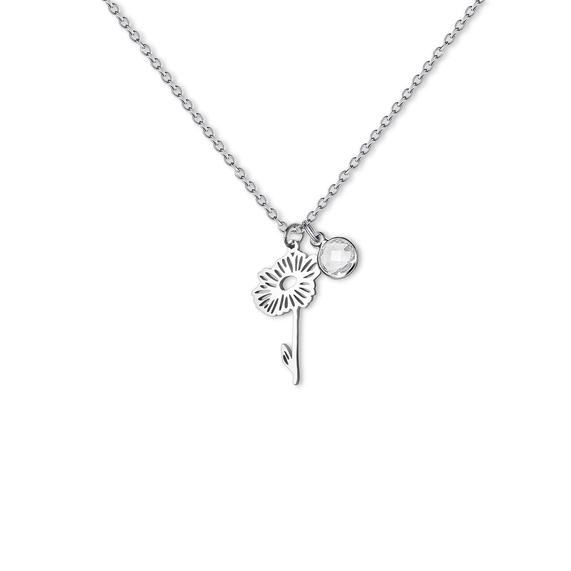 Stainless Steel Birth Flower and Birthstone Charm Necklace