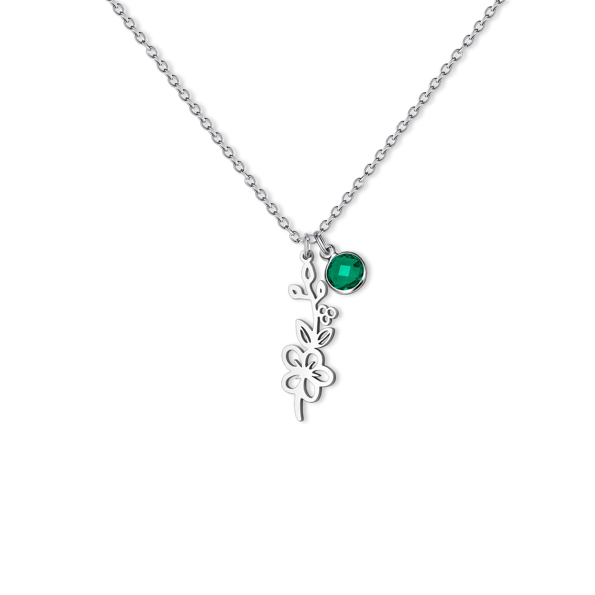 Stainless Steel Birth Flower and Birthstone Charm Necklace