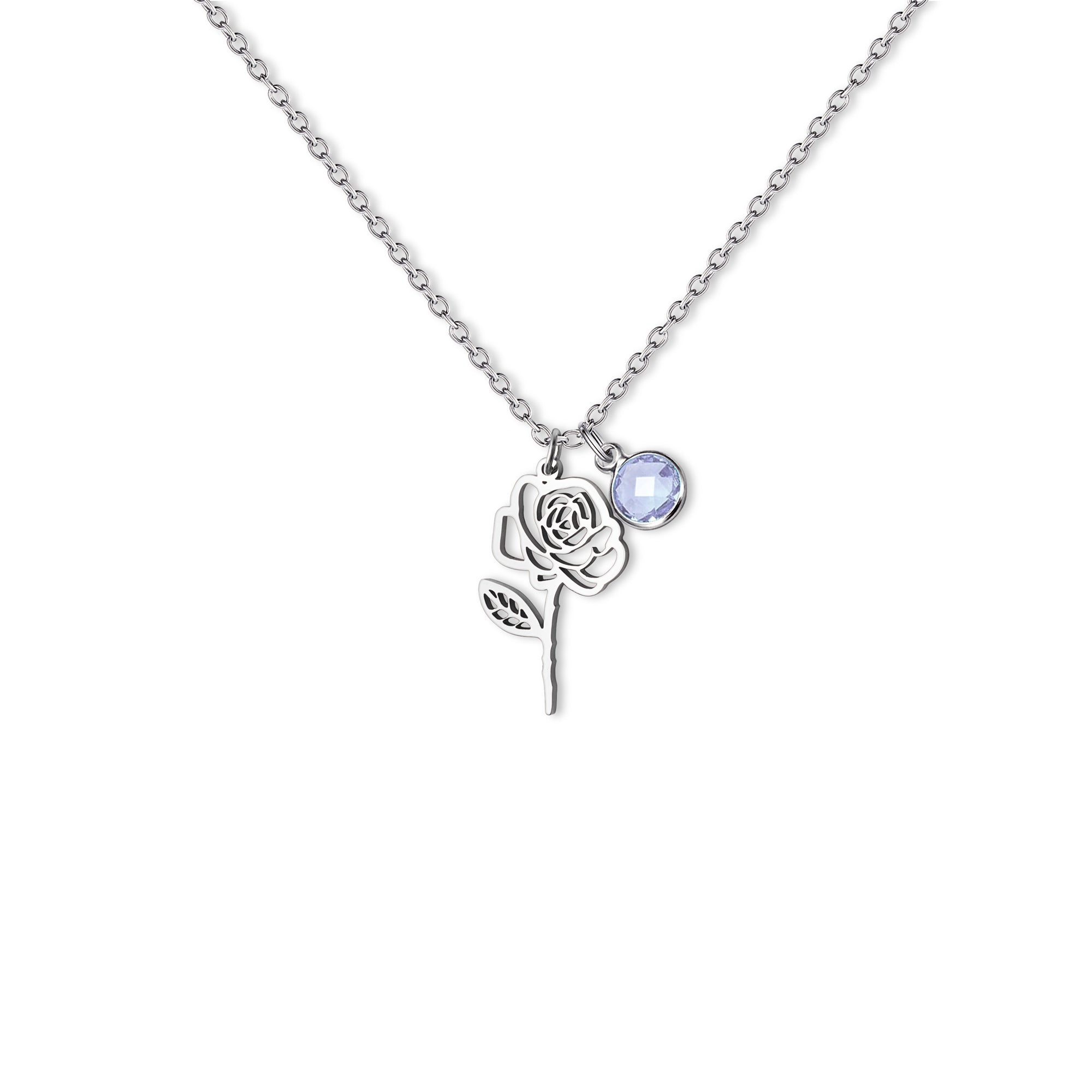 Stainless Steel Birth Flower and Birthstone Charm Necklace