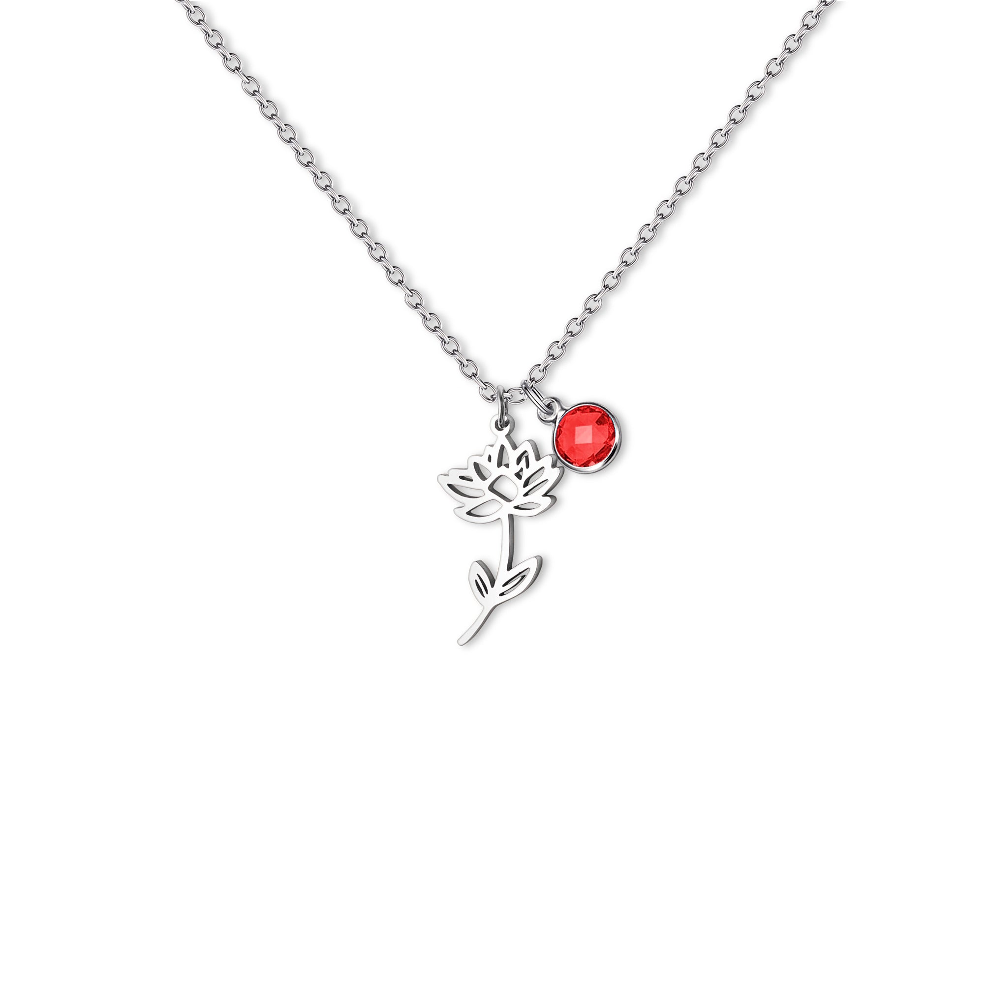 Stainless Steel Birth Flower and Birthstone Charm Necklace