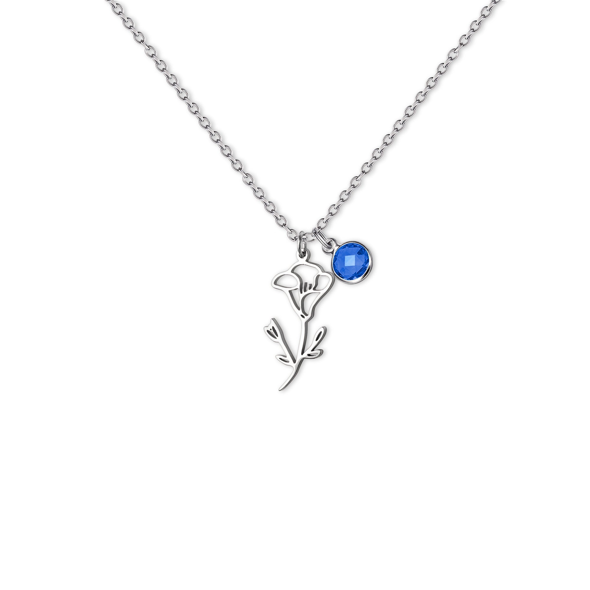 Stainless Steel Birth Flower and Birthstone Charm Necklace
