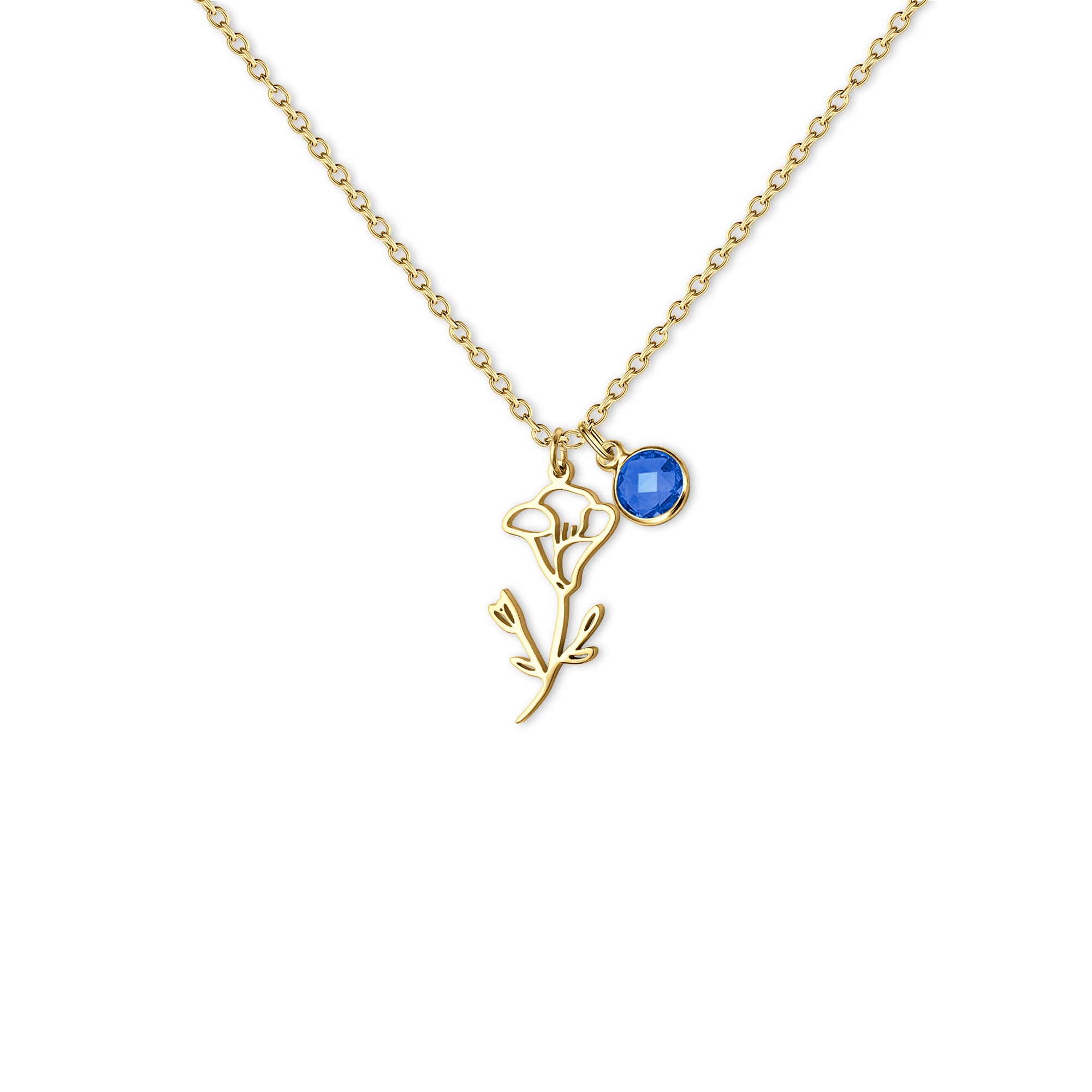 Stainless Steel Birth Flower and Birthstone Charm Necklace