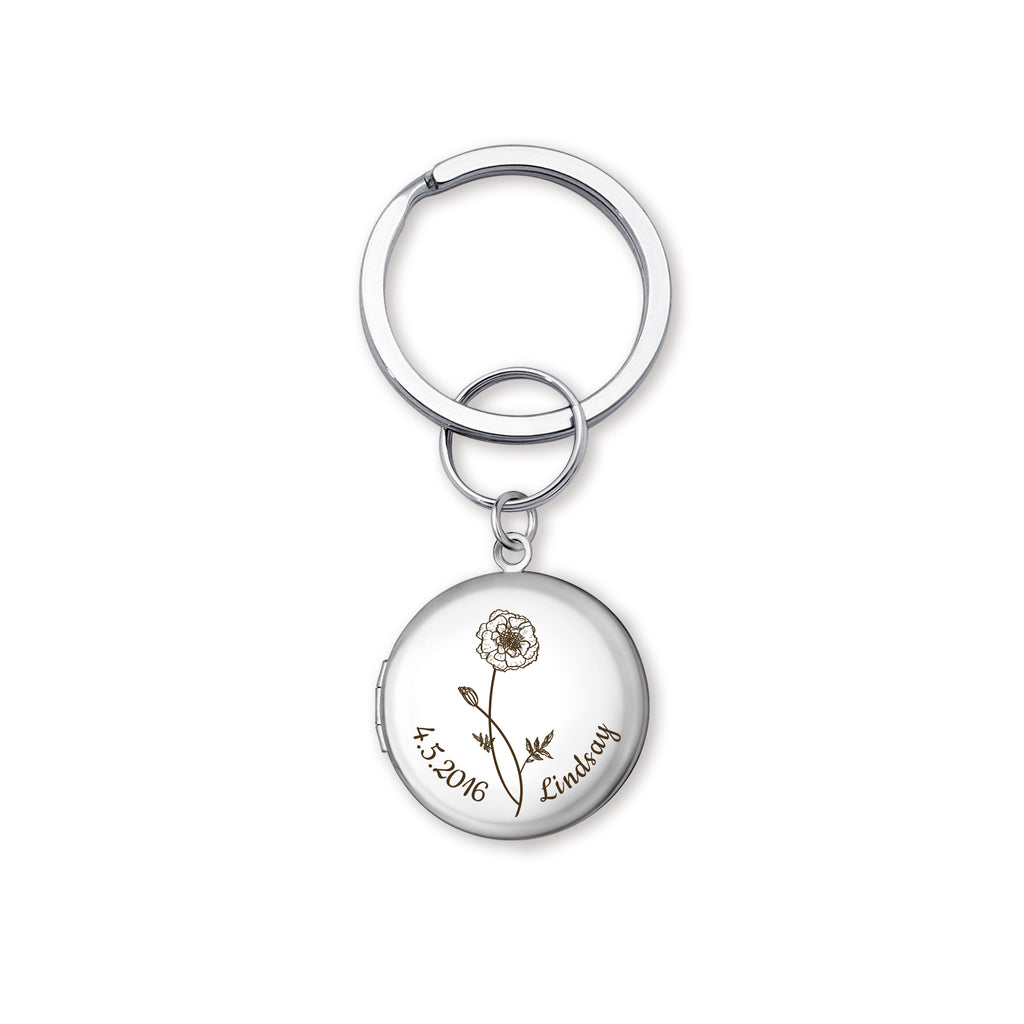 Custom Flower, Name, and Date Photo Locket Key Chain