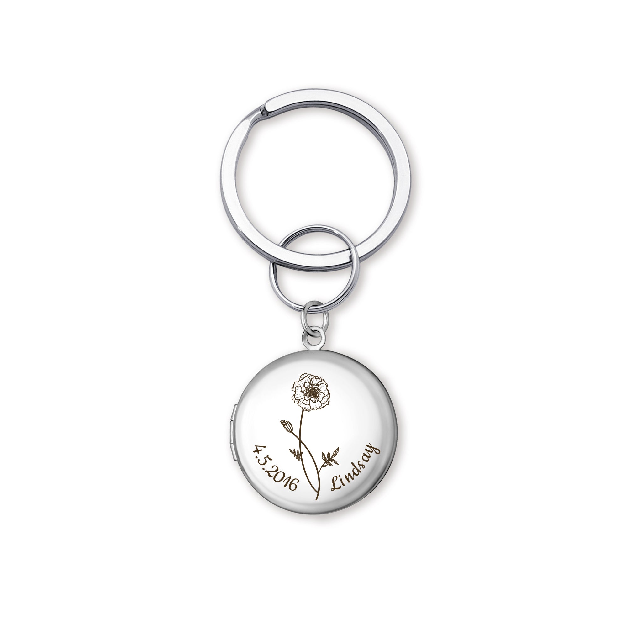 Custom Flower, Name, and Date Photo Locket Key Chain