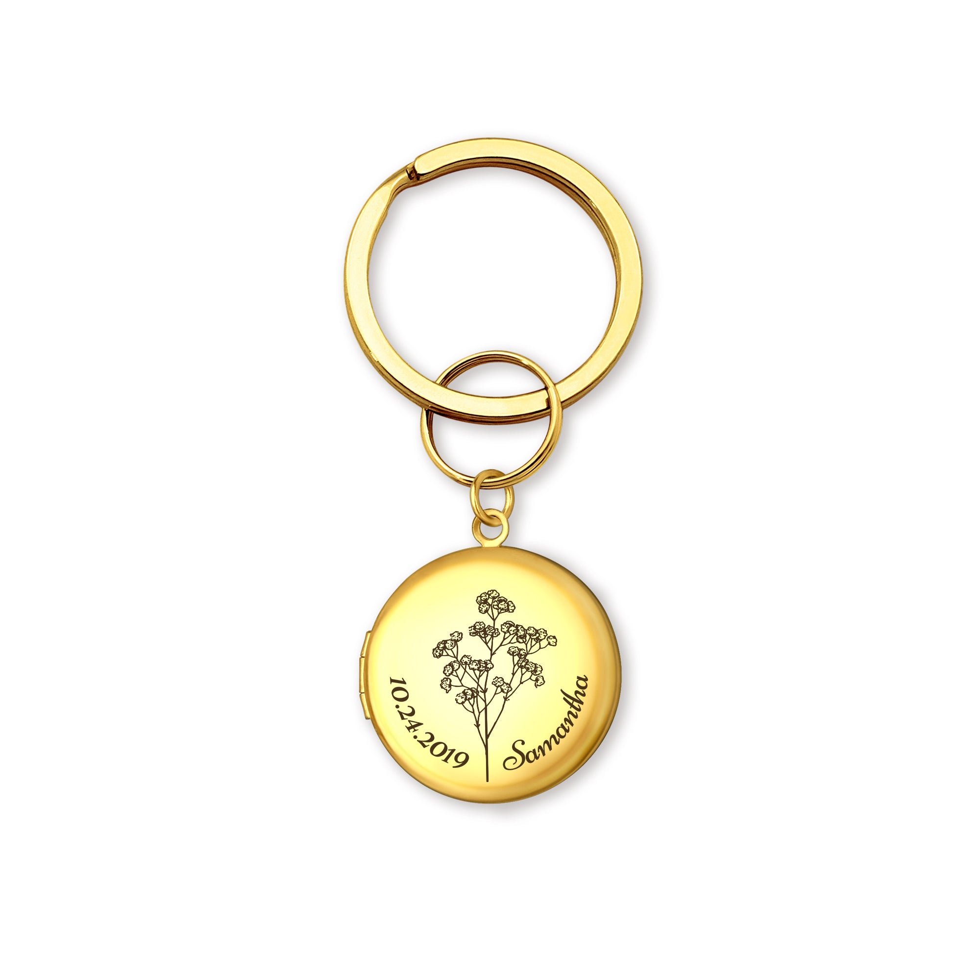 Custom Flower, Name, and Date Photo Locket Key Chain
