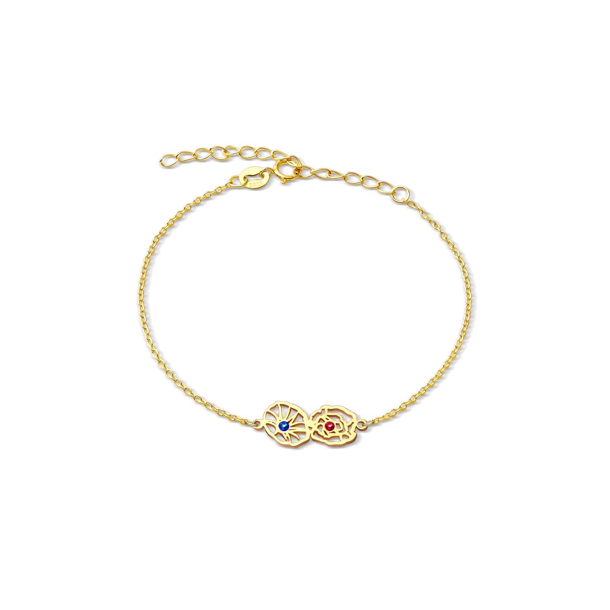 Custom Birth Flower with Birthstone Sterling Silver Bracelet