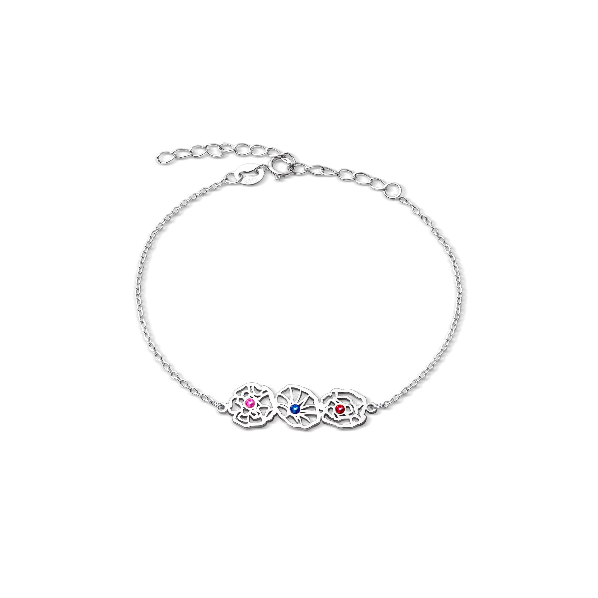 Custom Birth Flower with Birthstone Sterling Silver Bracelet