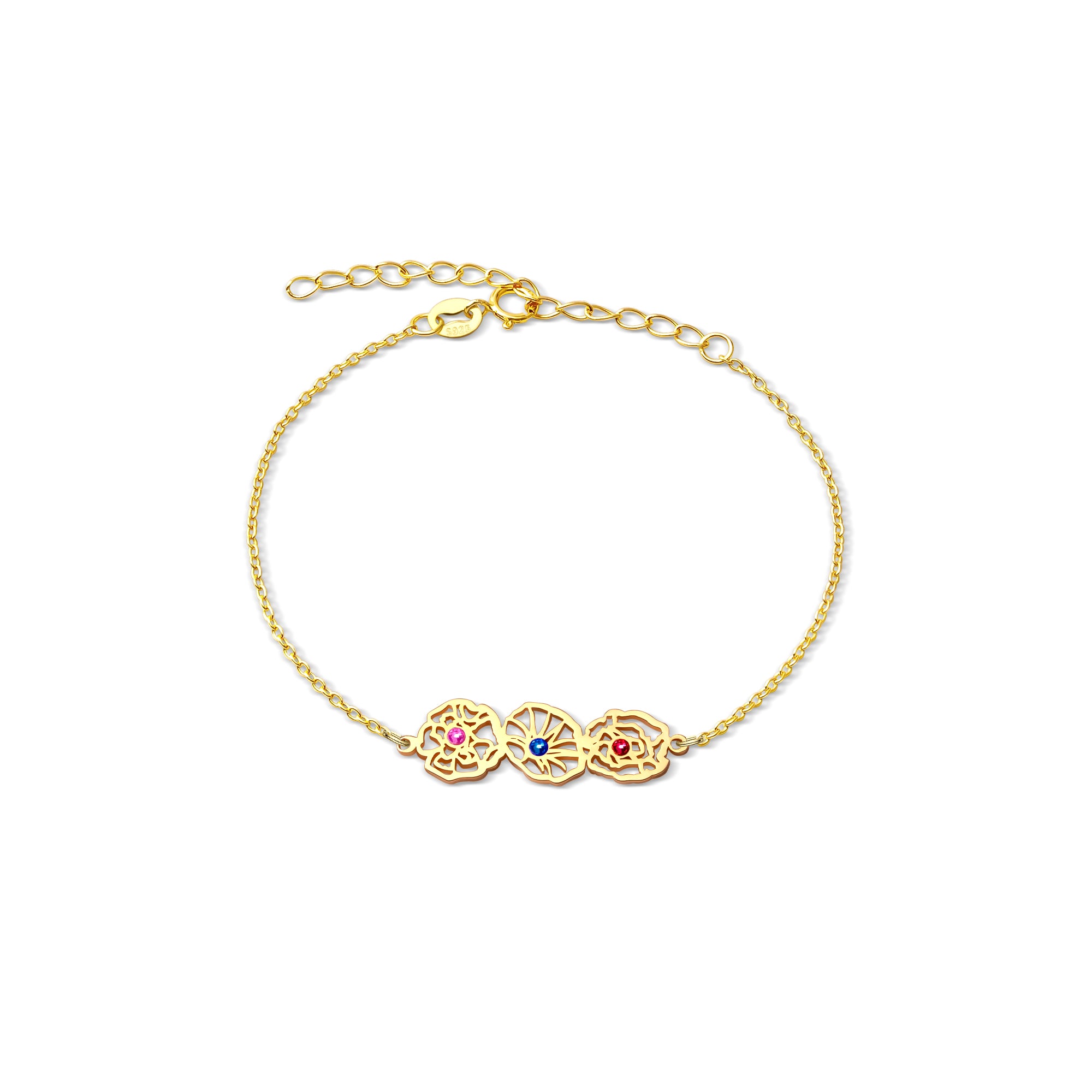 Custom Birth Flower with Birthstone Sterling Silver Bracelet