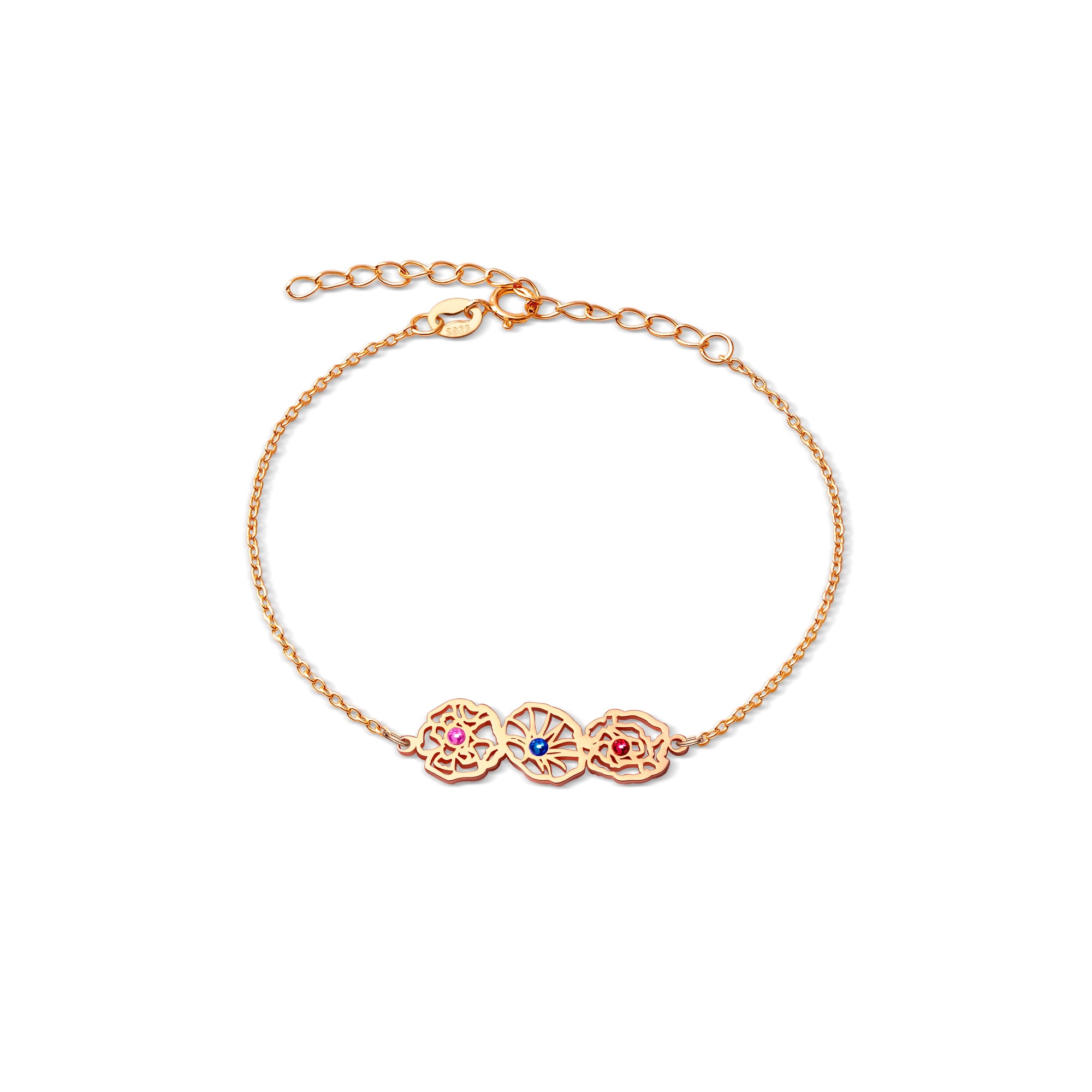 Custom Birth Flower with Birthstone Sterling Silver Bracelet