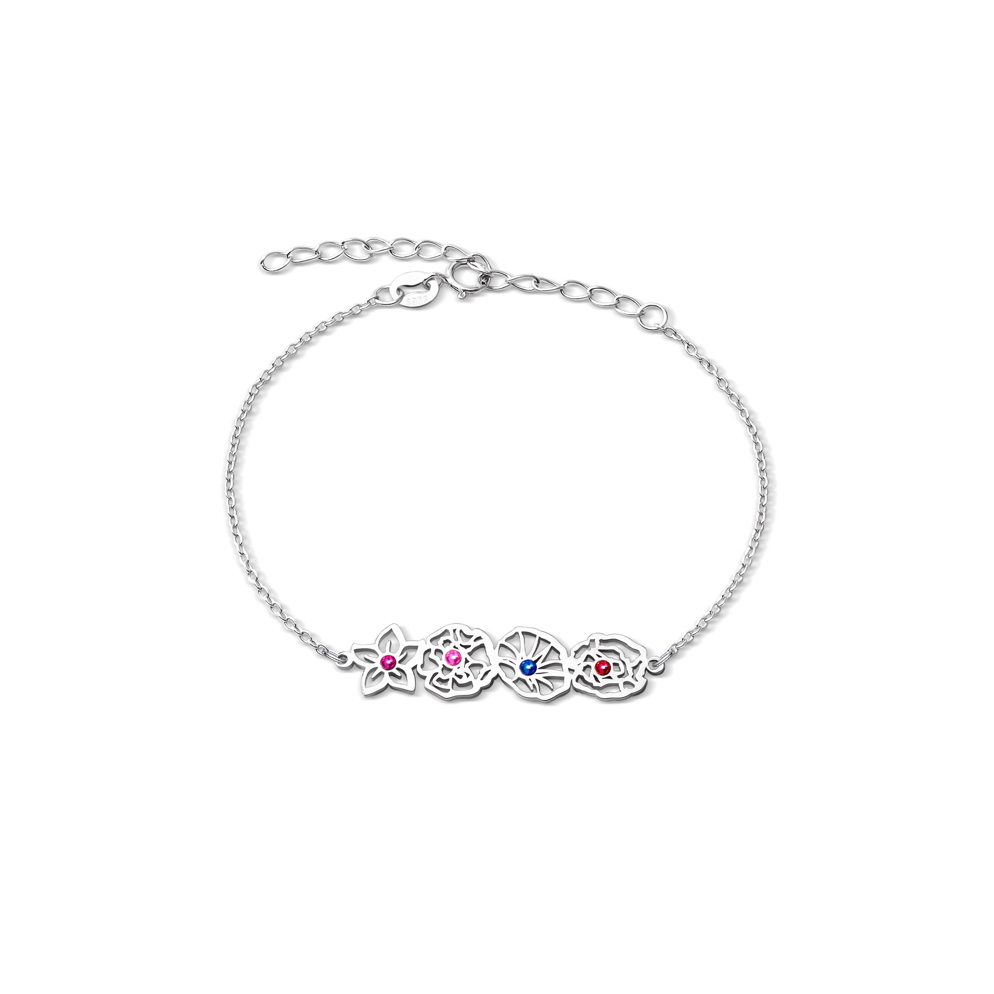 Custom Birth Flower with Birthstone Sterling Silver Bracelet