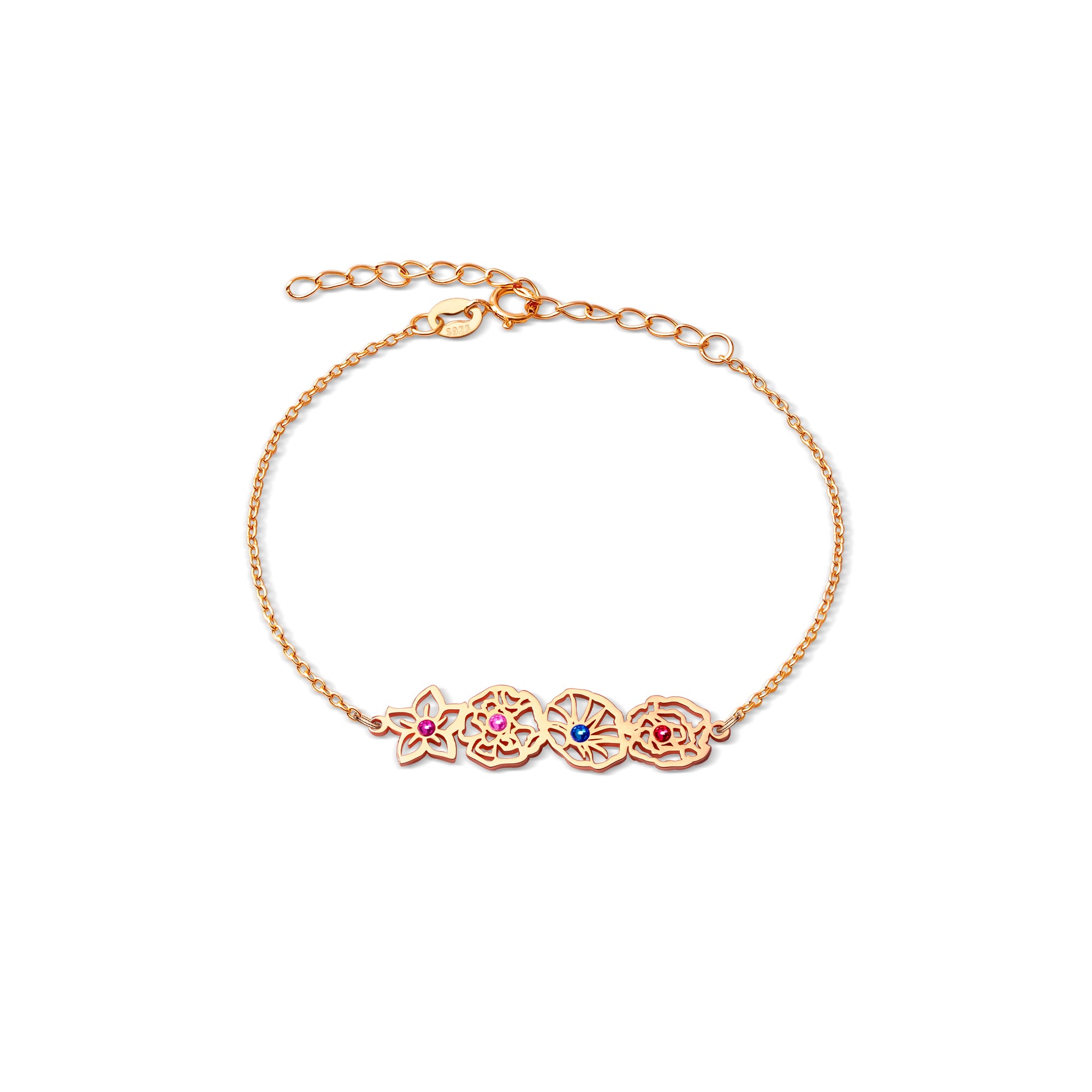 Custom Birth Flower with Birthstone Sterling Silver Bracelet