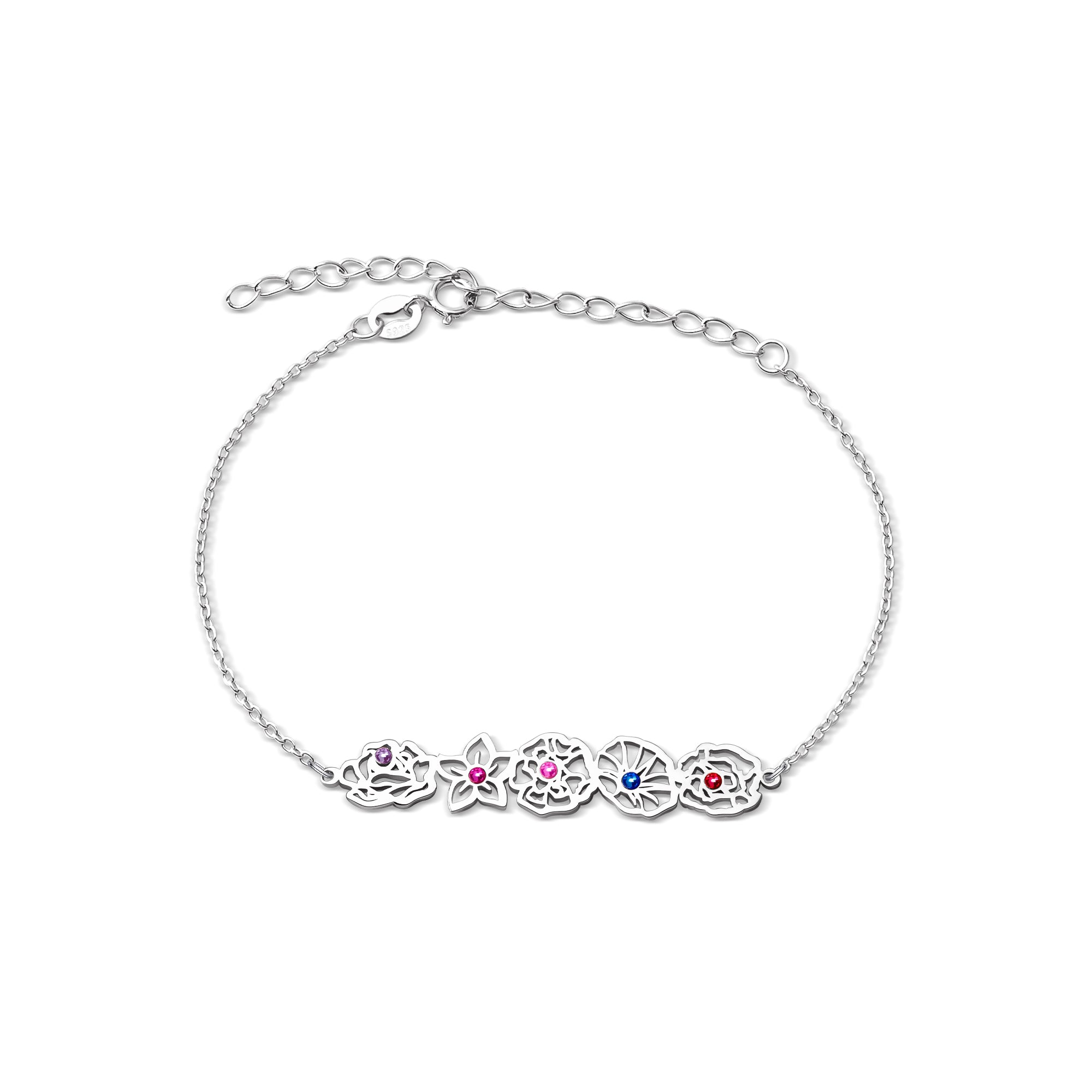Custom Birth Flower with Birthstone Sterling Silver Bracelet