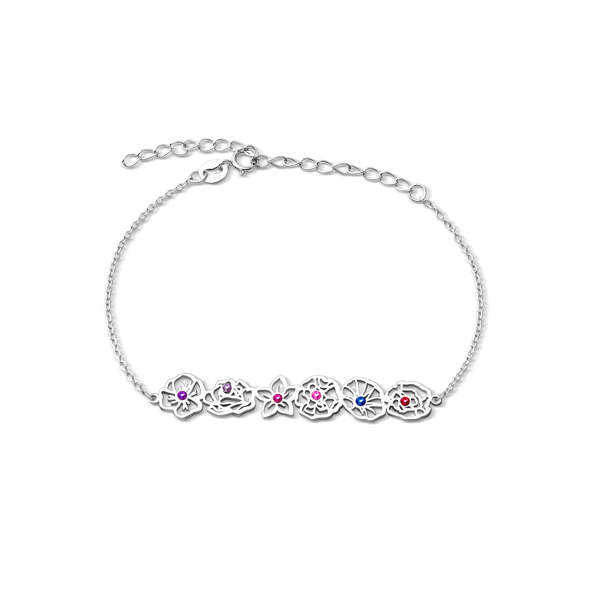 Custom Birth Flower with Birthstone Sterling Silver Bracelet