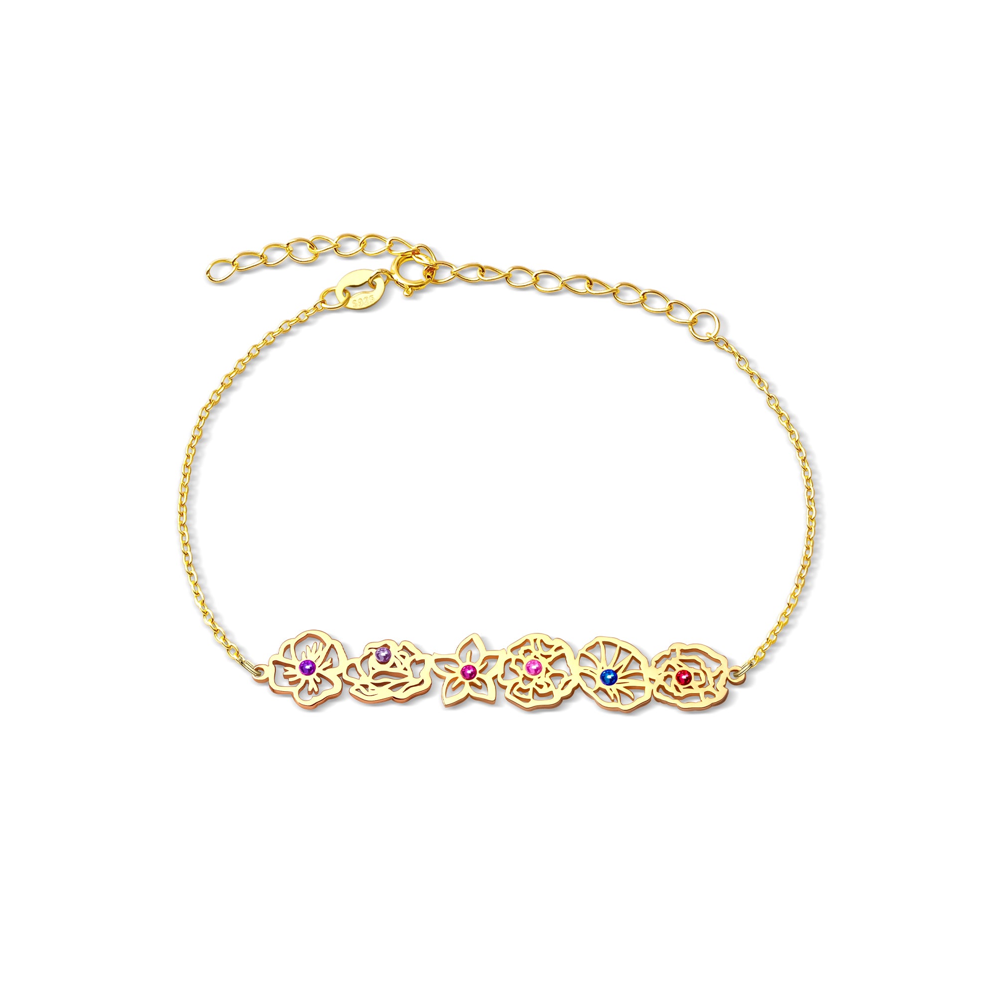 Custom Birth Flower with Birthstone Sterling Silver Bracelet