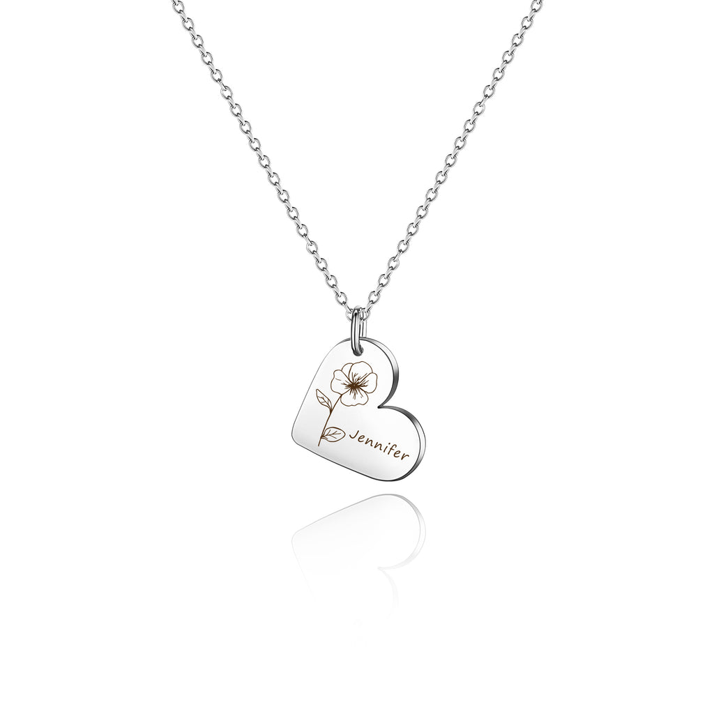 Personalized Mini Heart Text and Birth Flower Necklace