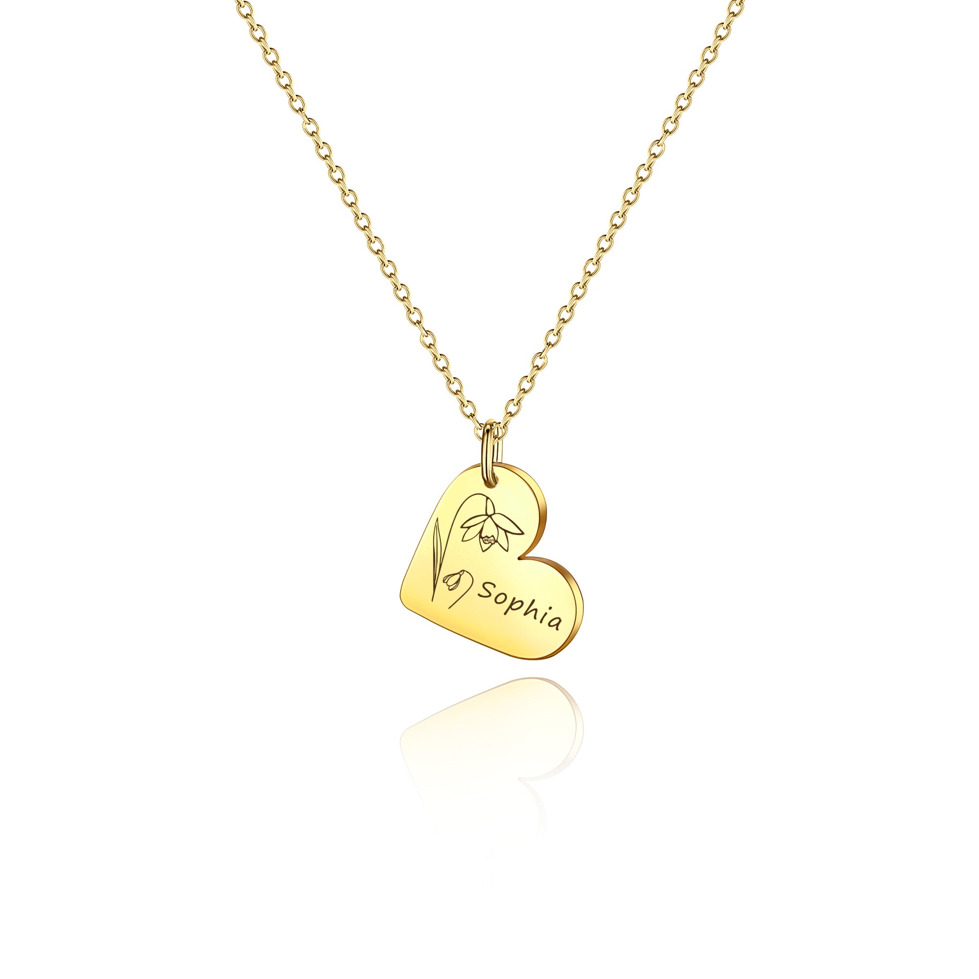 Personalized Mini Heart Text and Birth Flower Necklace