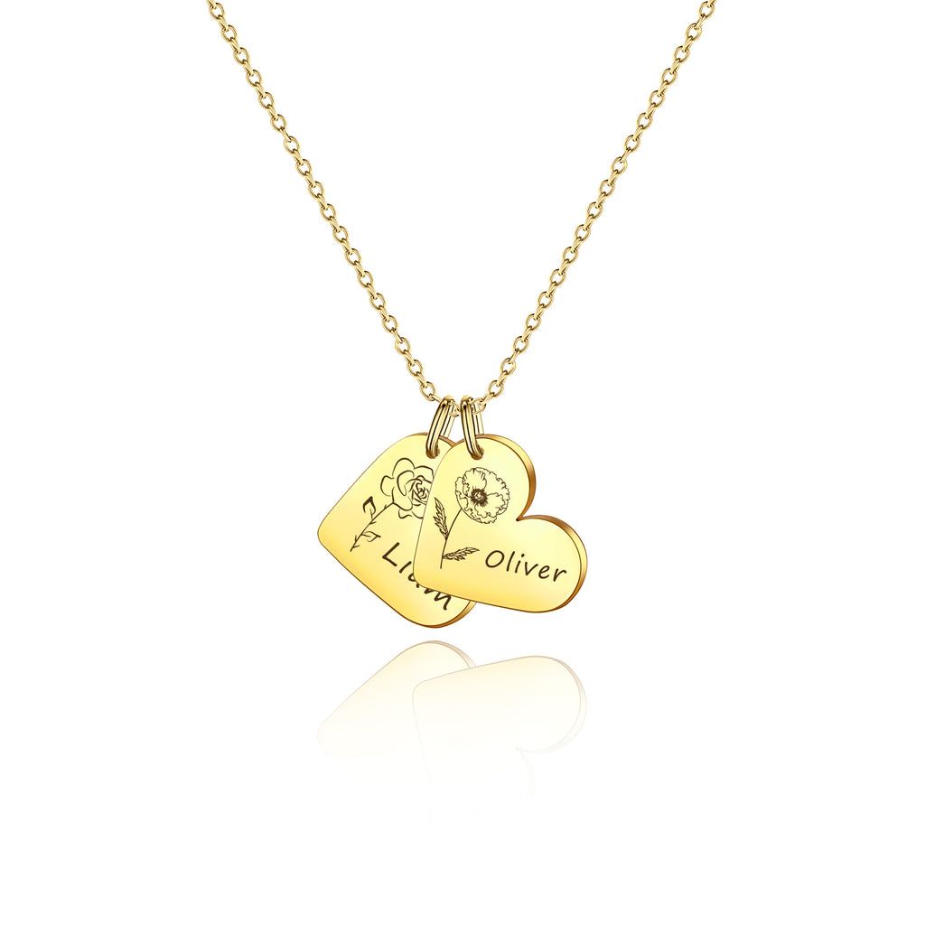 Personalized Mini Heart Text and Birth Flower Necklace