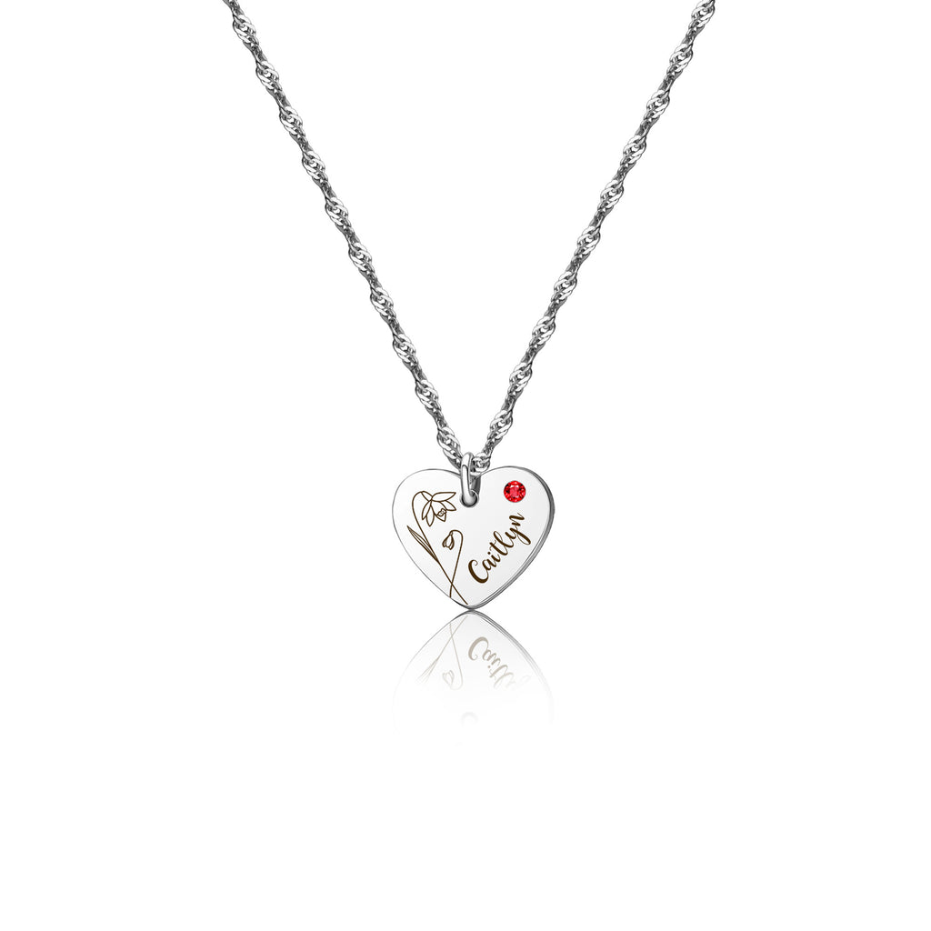 Flower and Name Birthstone Heart Necklace