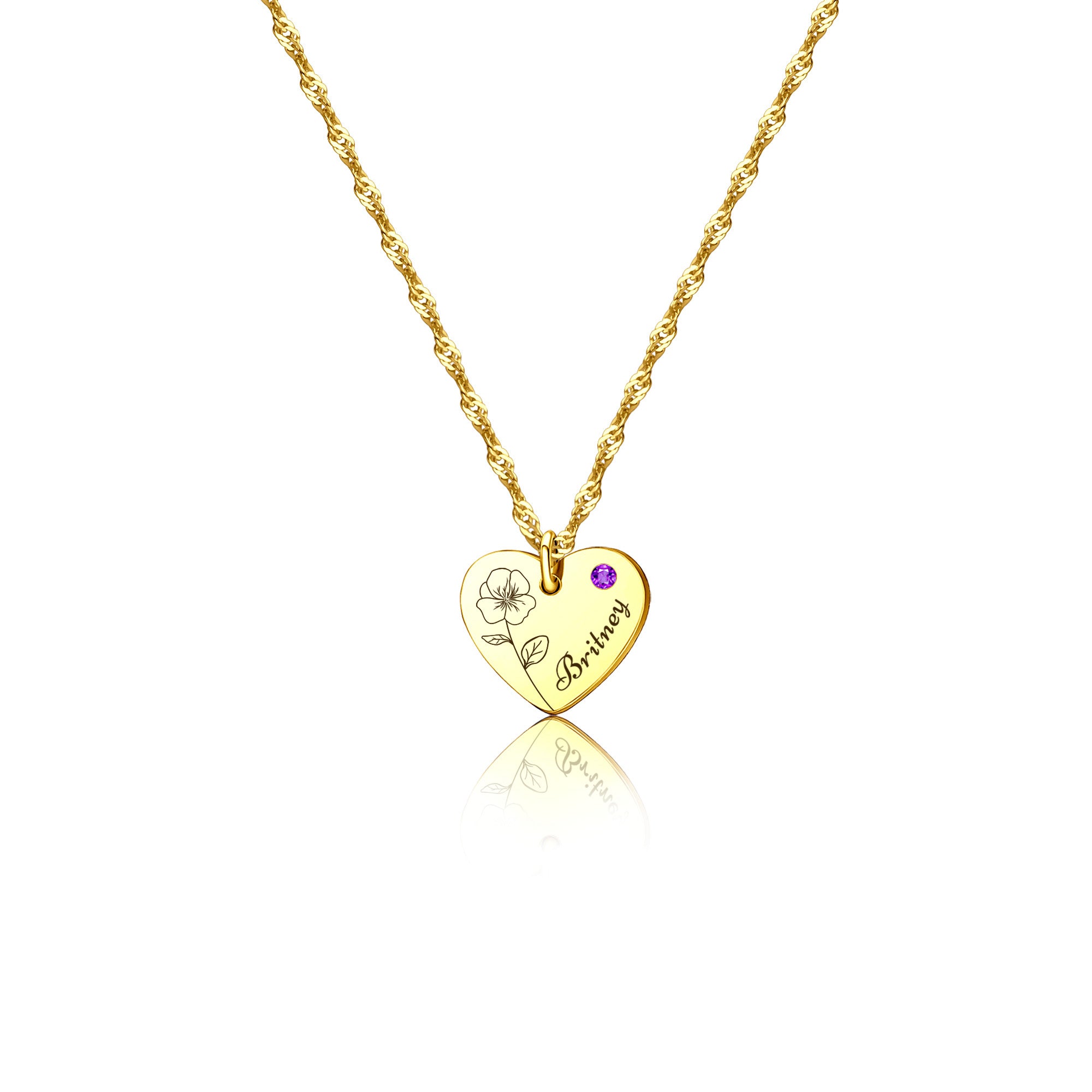 Flower and Name Birthstone Heart Necklace